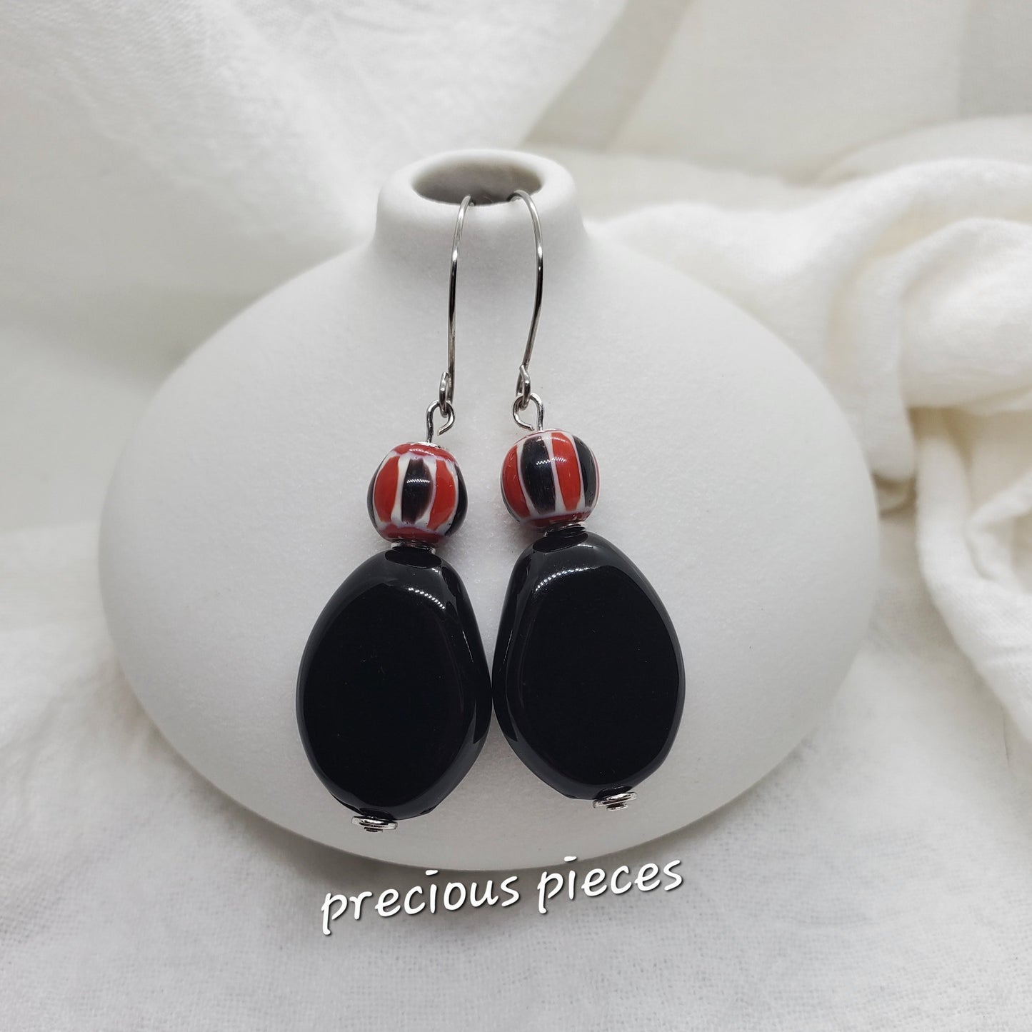 Red, Black, and White Beaded Dangle Earrings