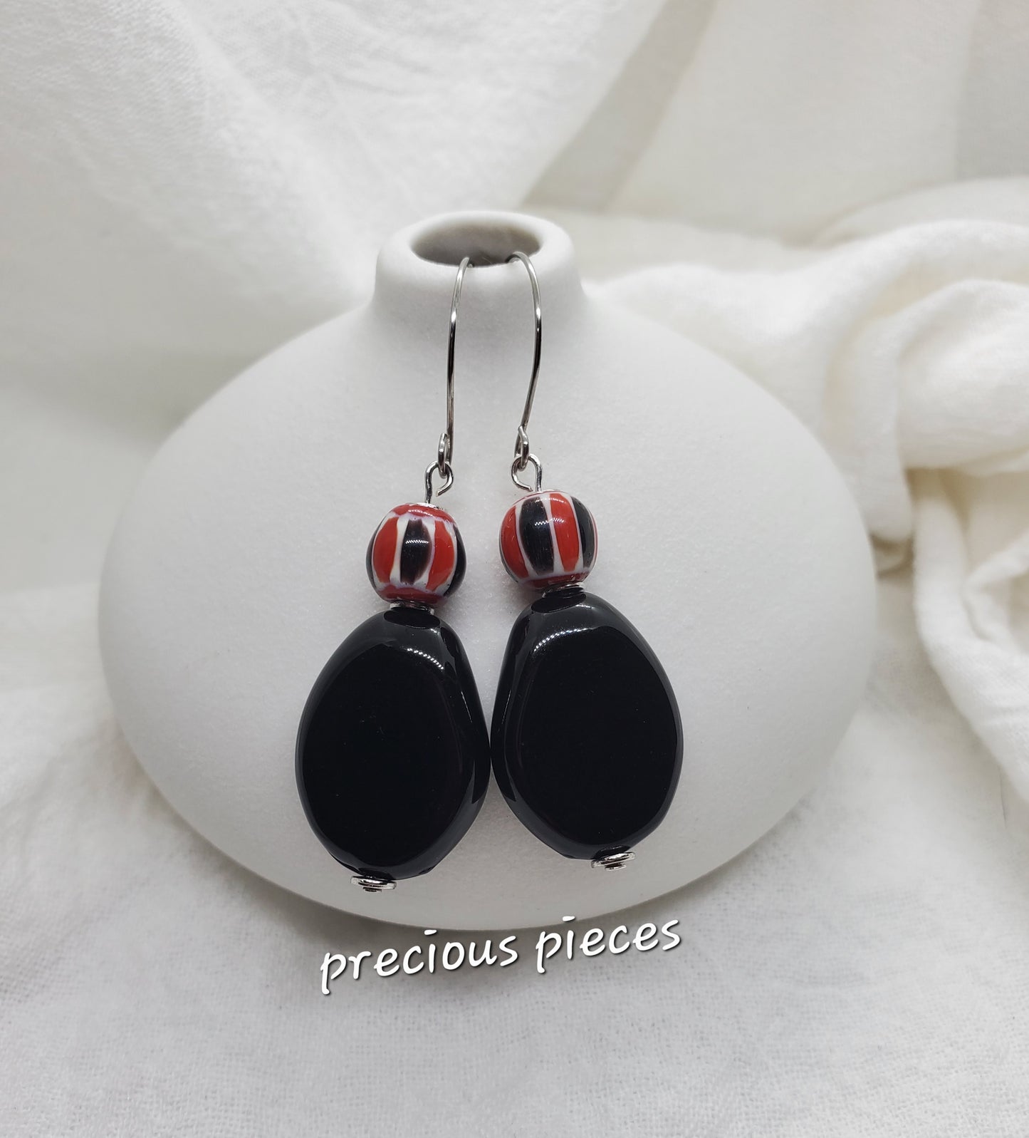 Red, Black, and White Beaded Dangle Earrings