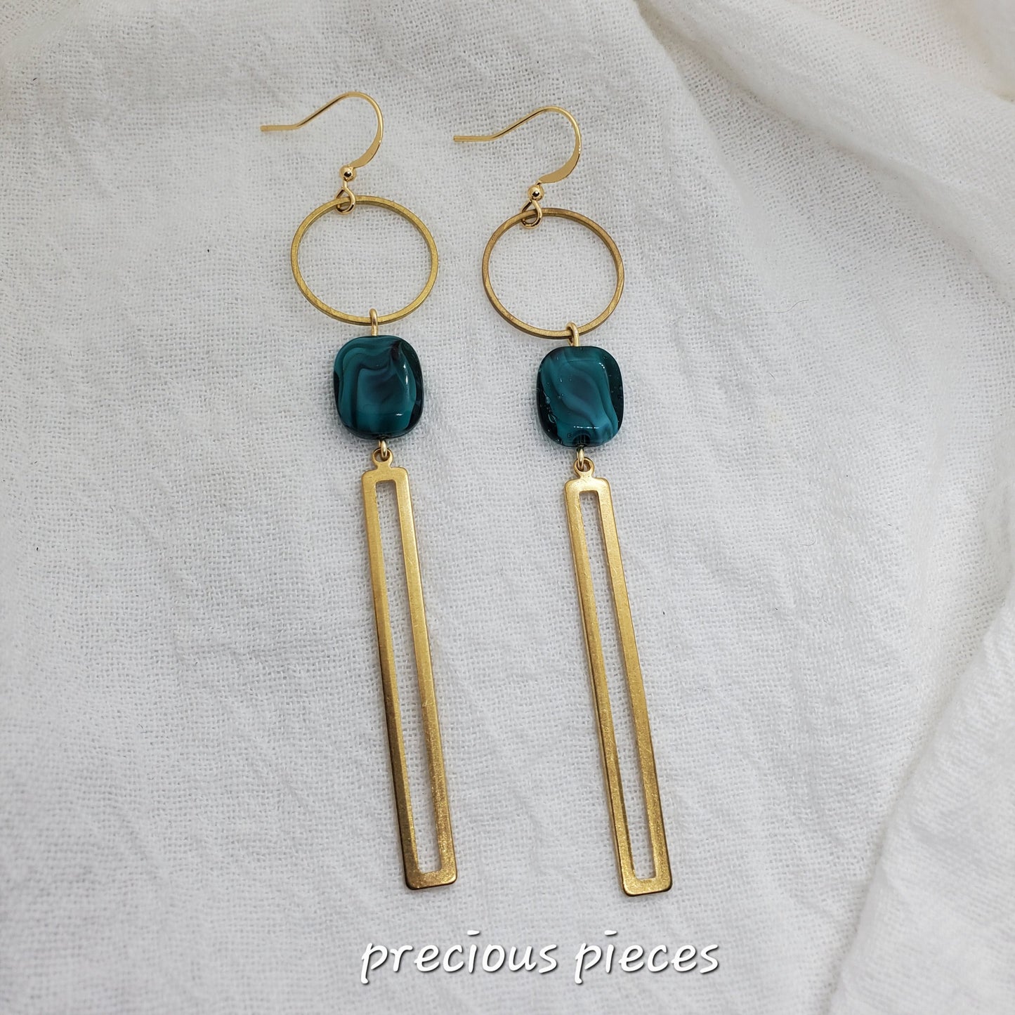 Aqua and Brass Dangle Earrings