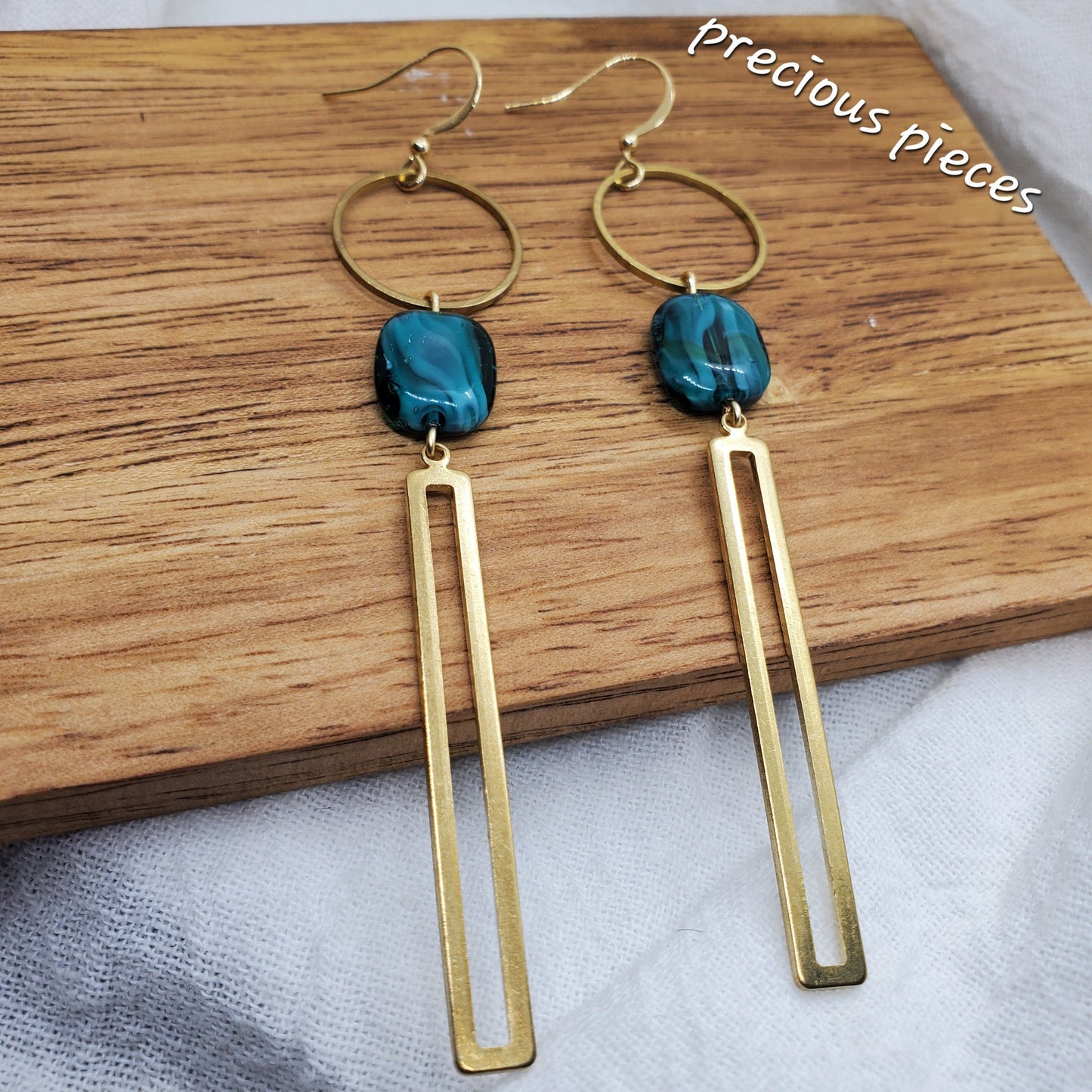 Aqua and Brass Dangle Earrings