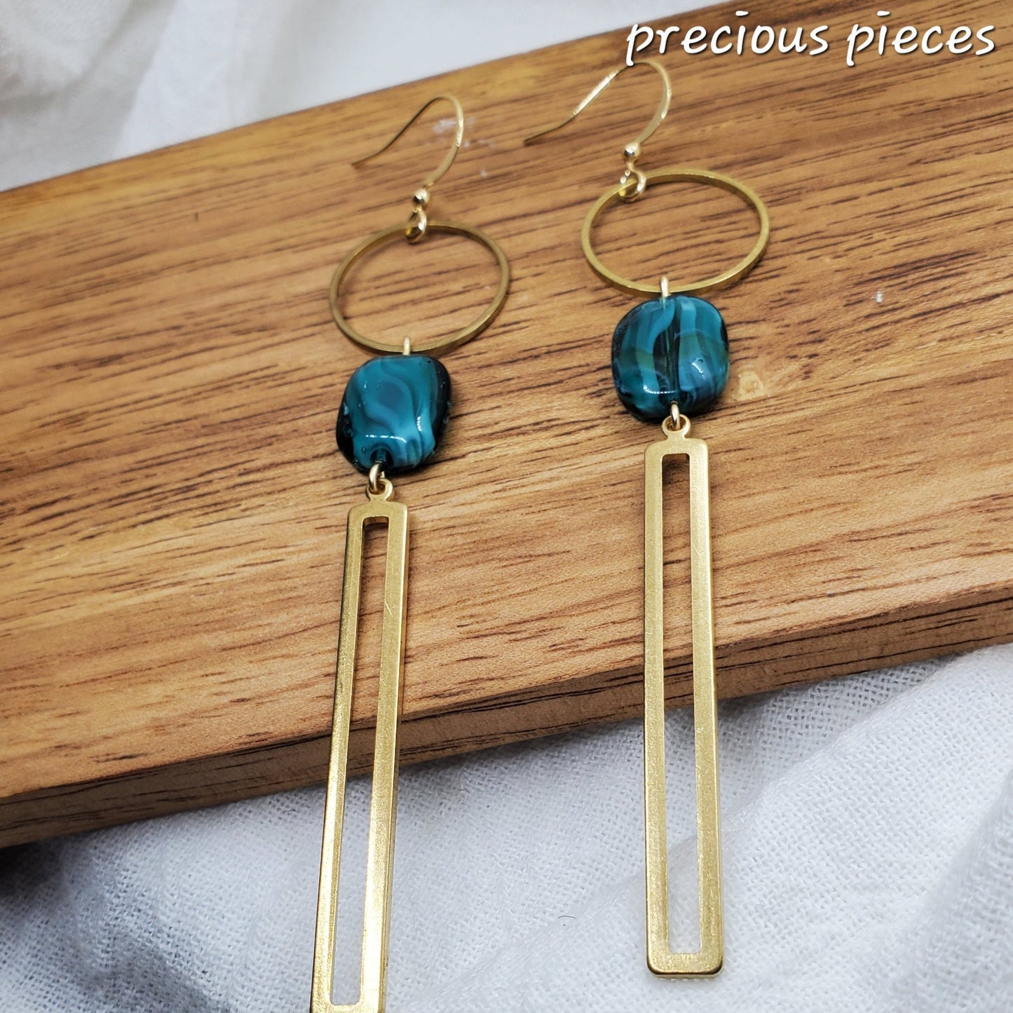 Aqua and Brass Dangle Earrings