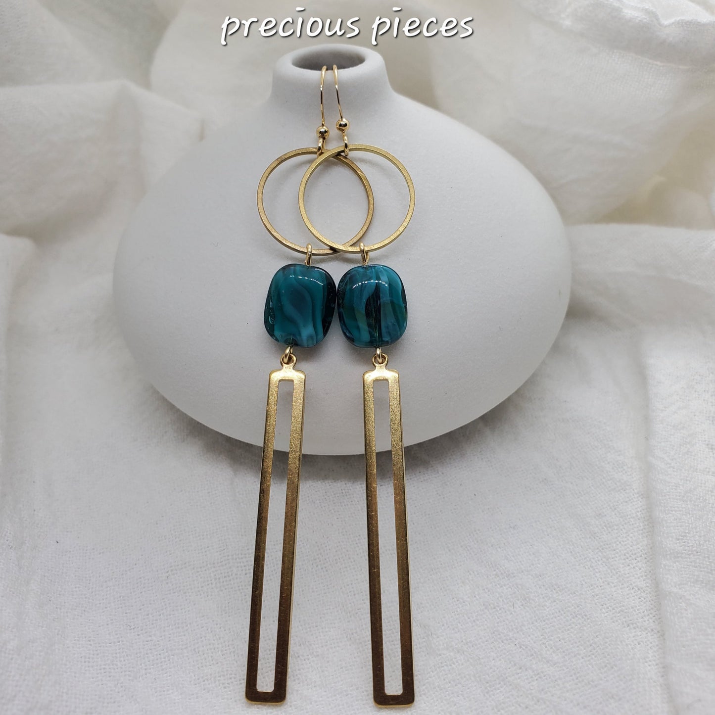 Aqua and Brass Dangle Earrings