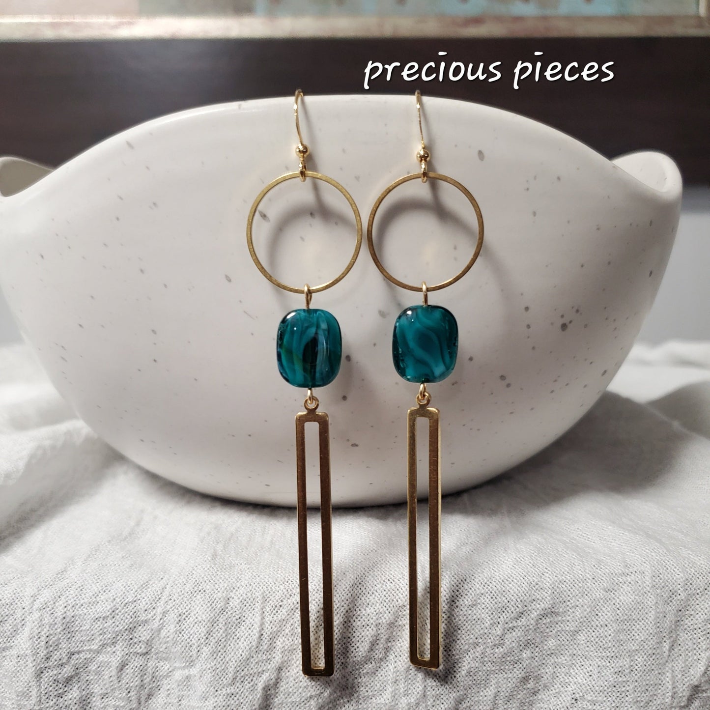 Aqua and Brass Dangle Earrings