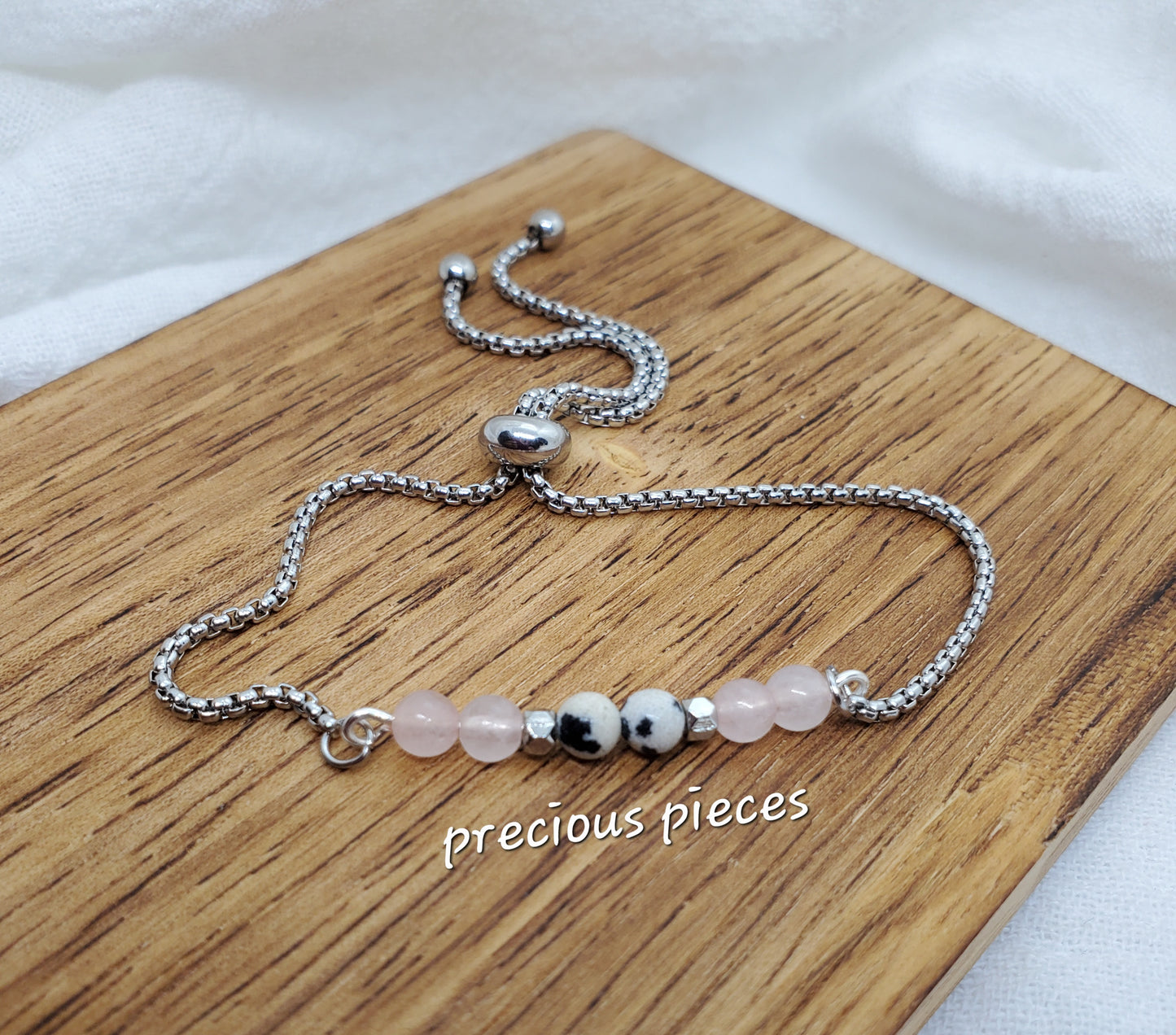 Rose Quartz and Dalmatian Beaded Slider Bracelet