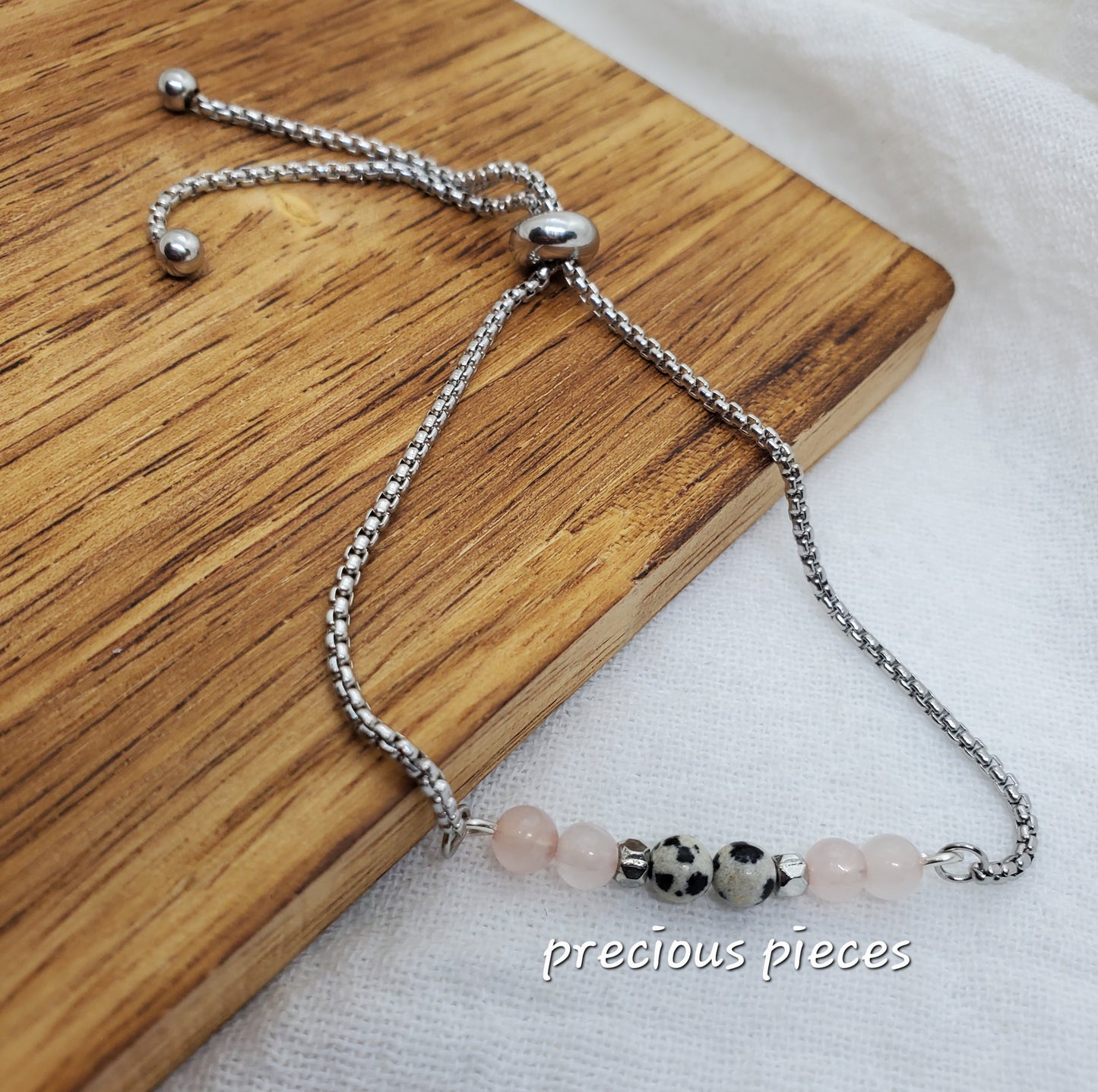 Rose Quartz and Dalmatian Beaded Slider Bracelet