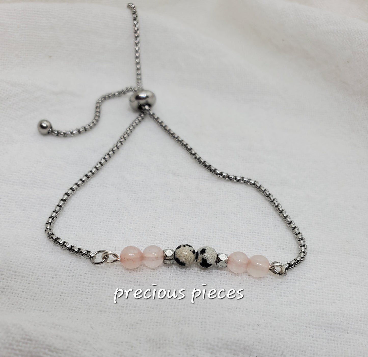 Rose Quartz and Dalmatian Beaded Slider Bracelet