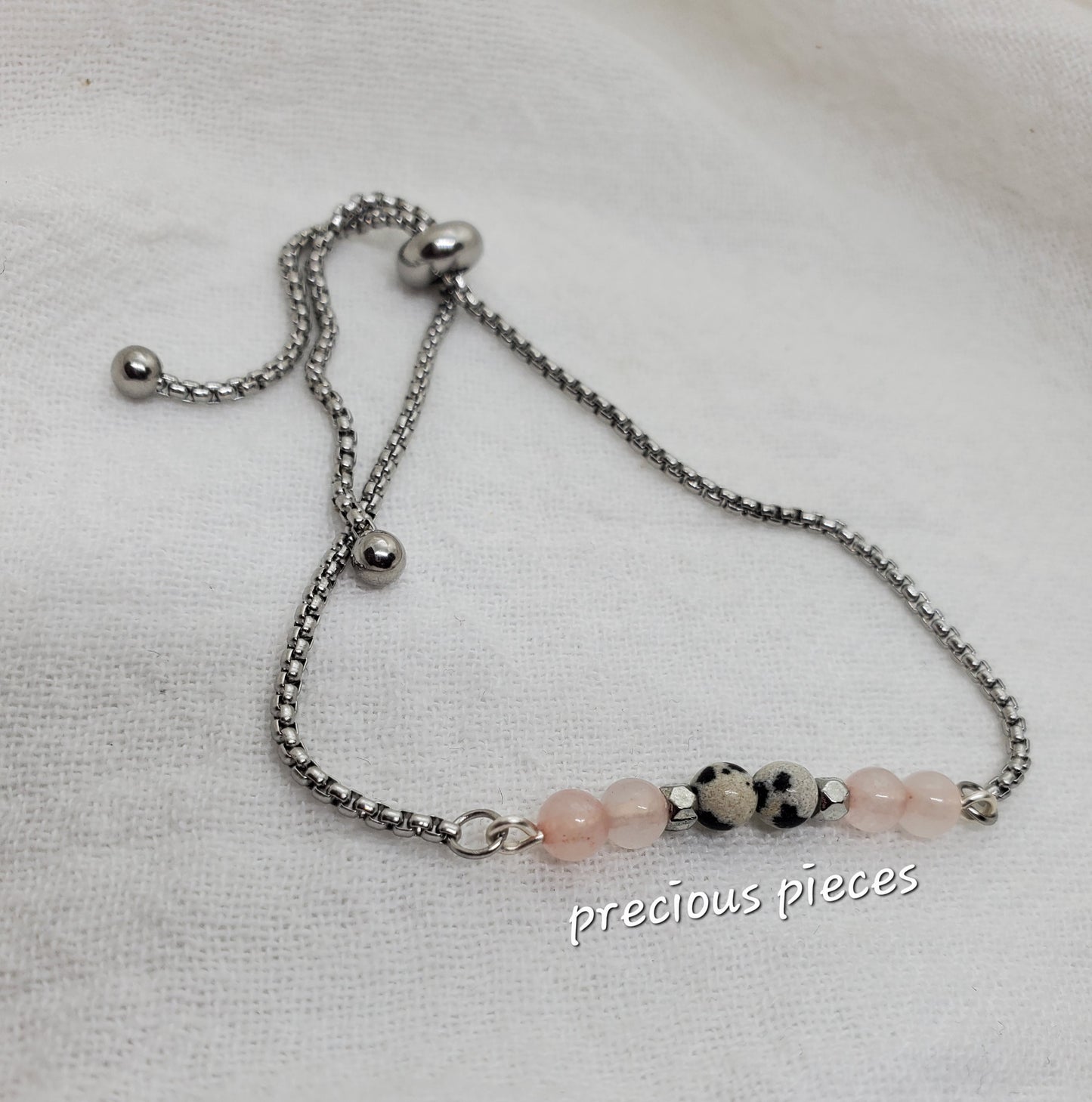 Rose Quartz and Dalmatian Beaded Slider Bracelet