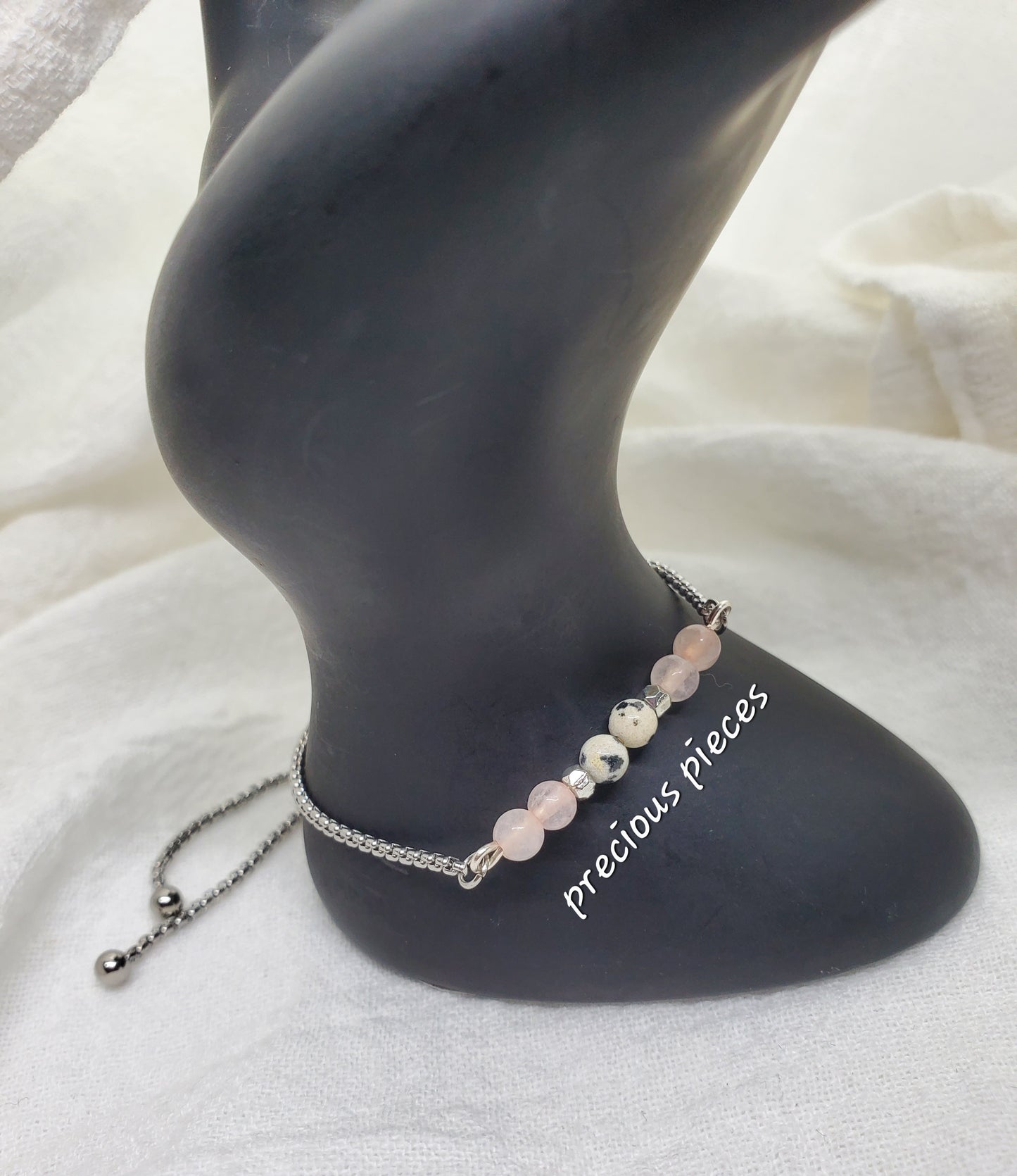 Rose Quartz and Dalmatian Beaded Slider Bracelet