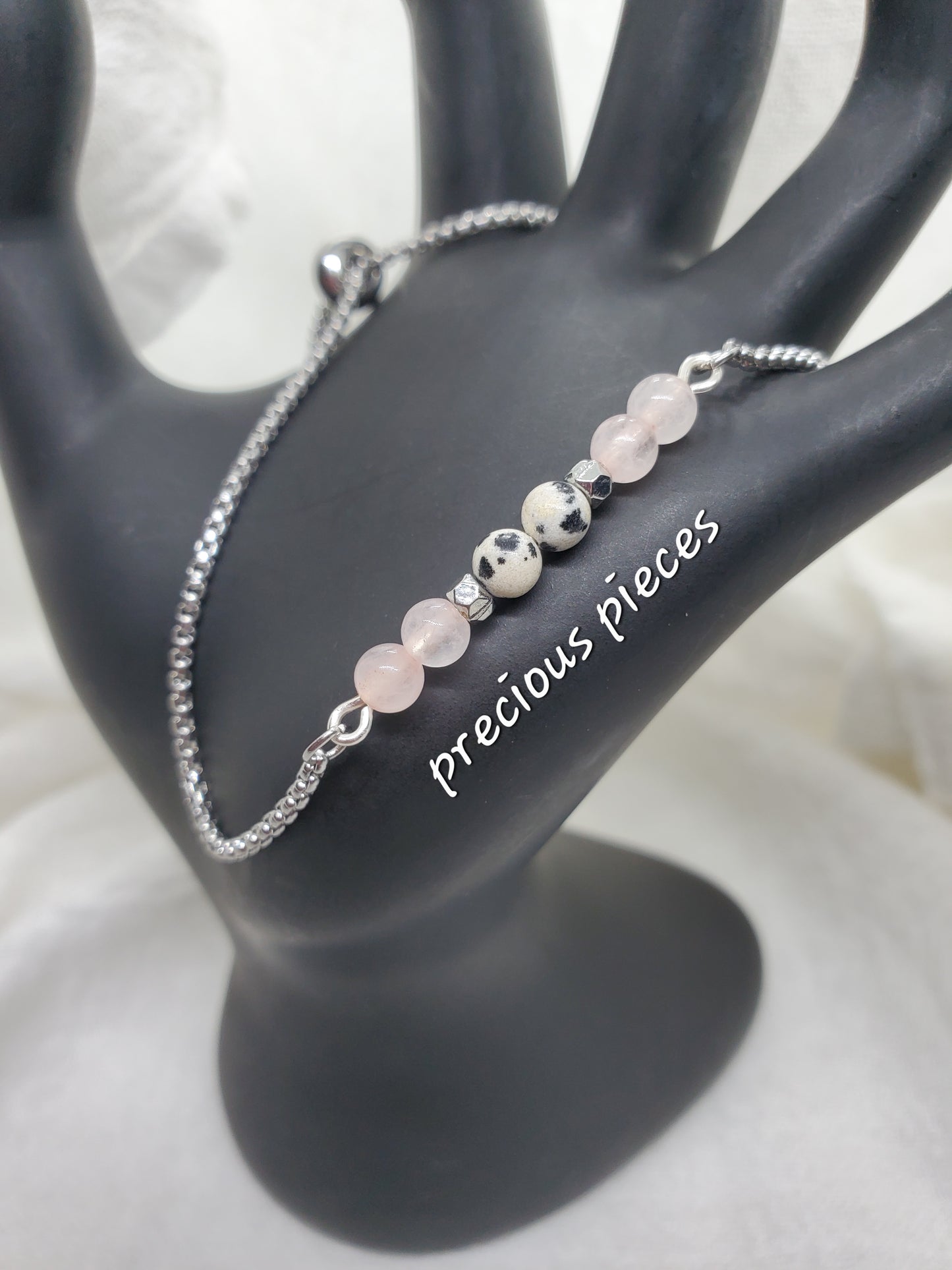 Rose Quartz and Dalmatian Beaded Slider Bracelet