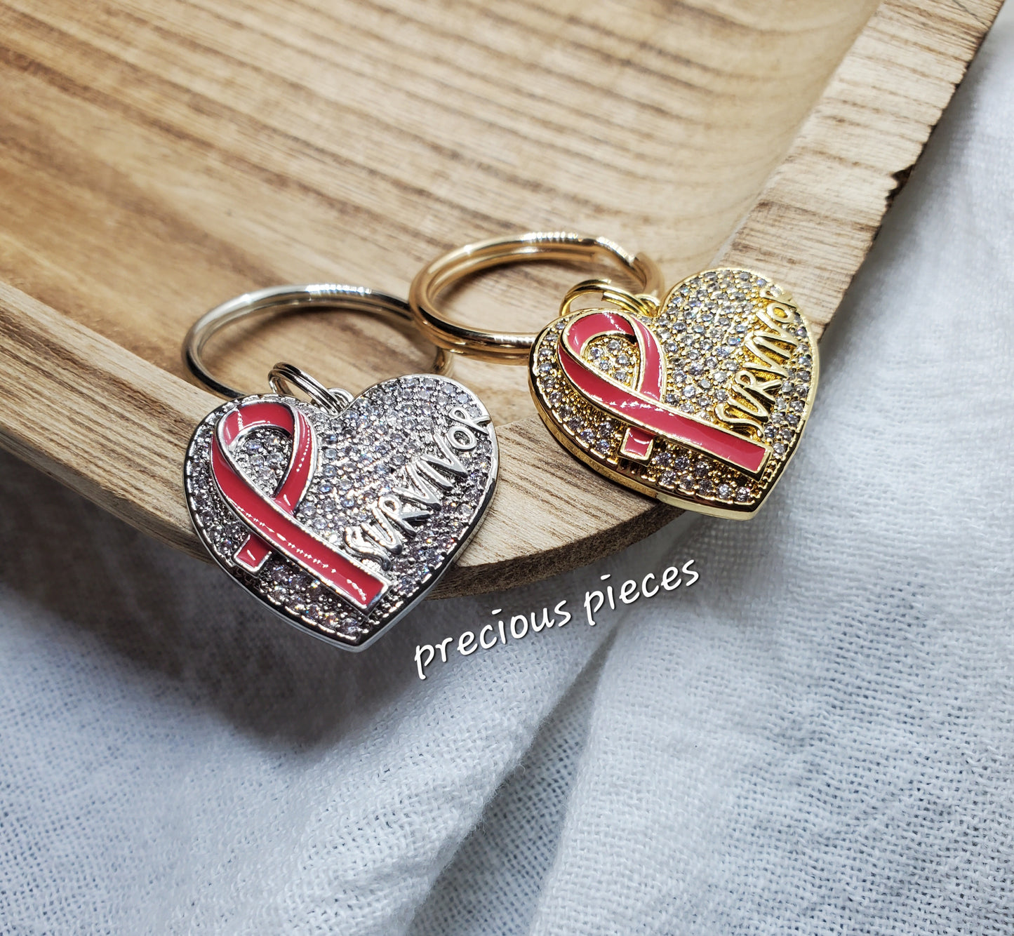 Pink Ribbon Heart Survivor Breast Cancer Awareness Keychains