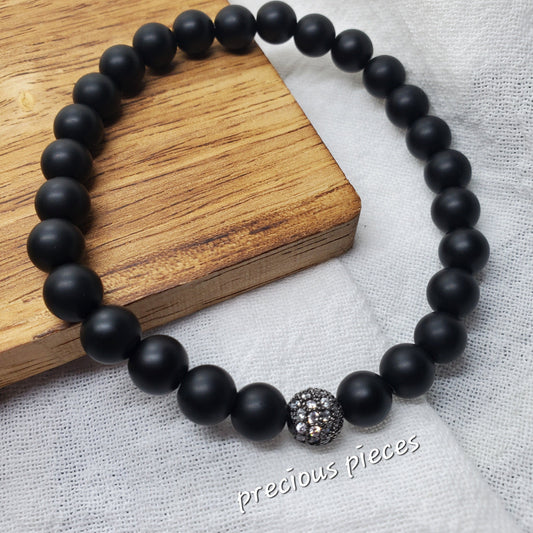 Men's Black Matte and Rhinestone Beaded Bracelet