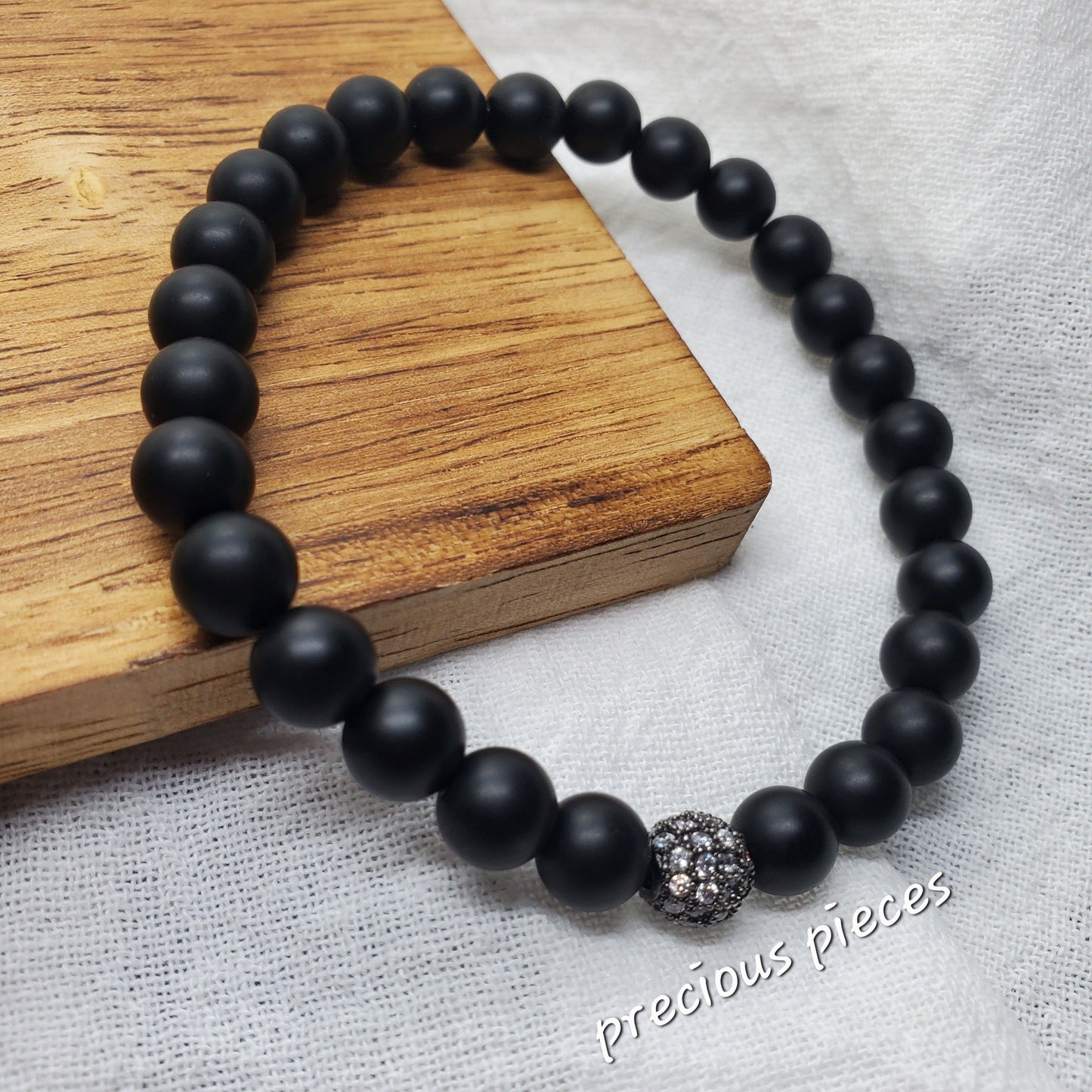 Men's Black Matte and Rhinestone Beaded Bracelet