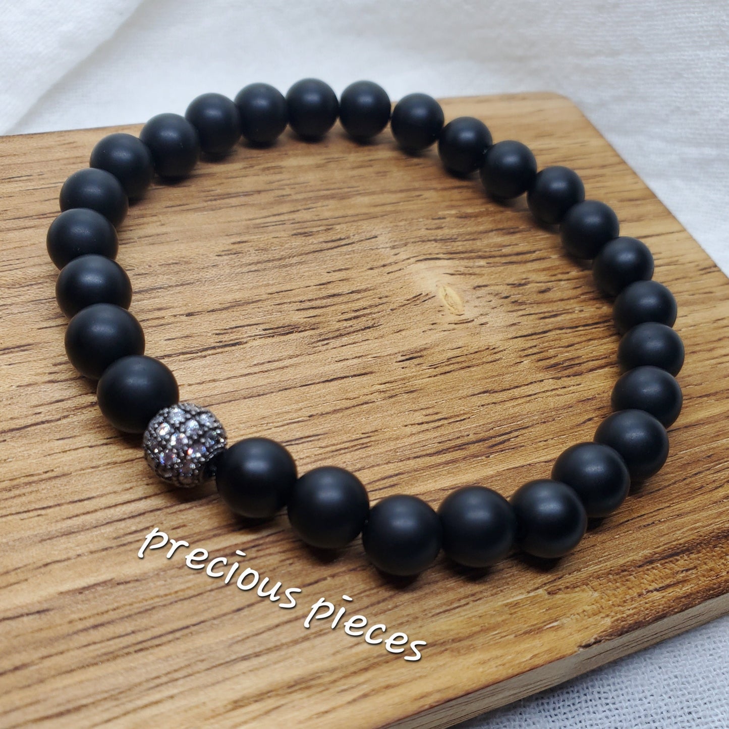 Men's Black Matte and Rhinestone Beaded Bracelet