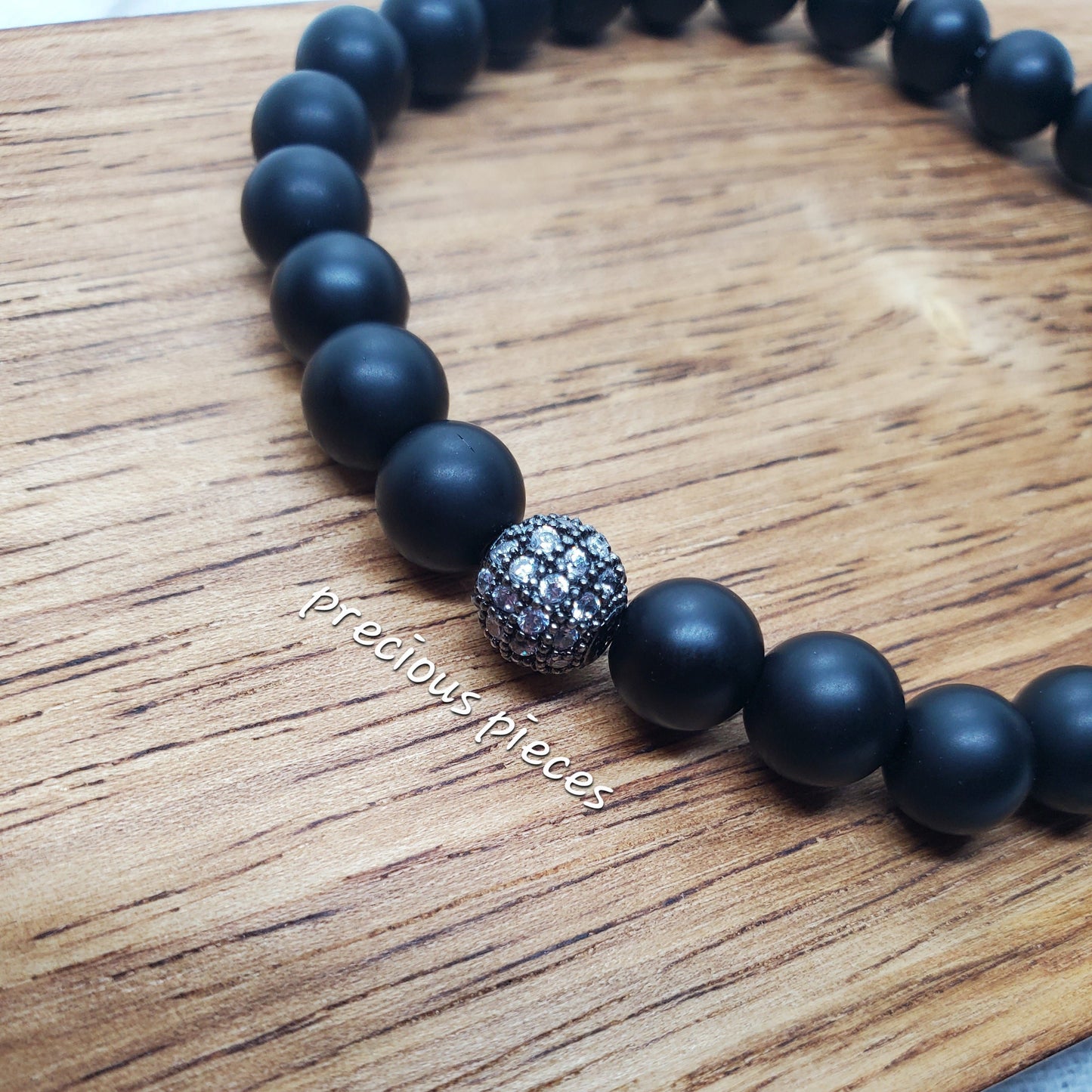 Men's Black Matte and Rhinestone Beaded Bracelet