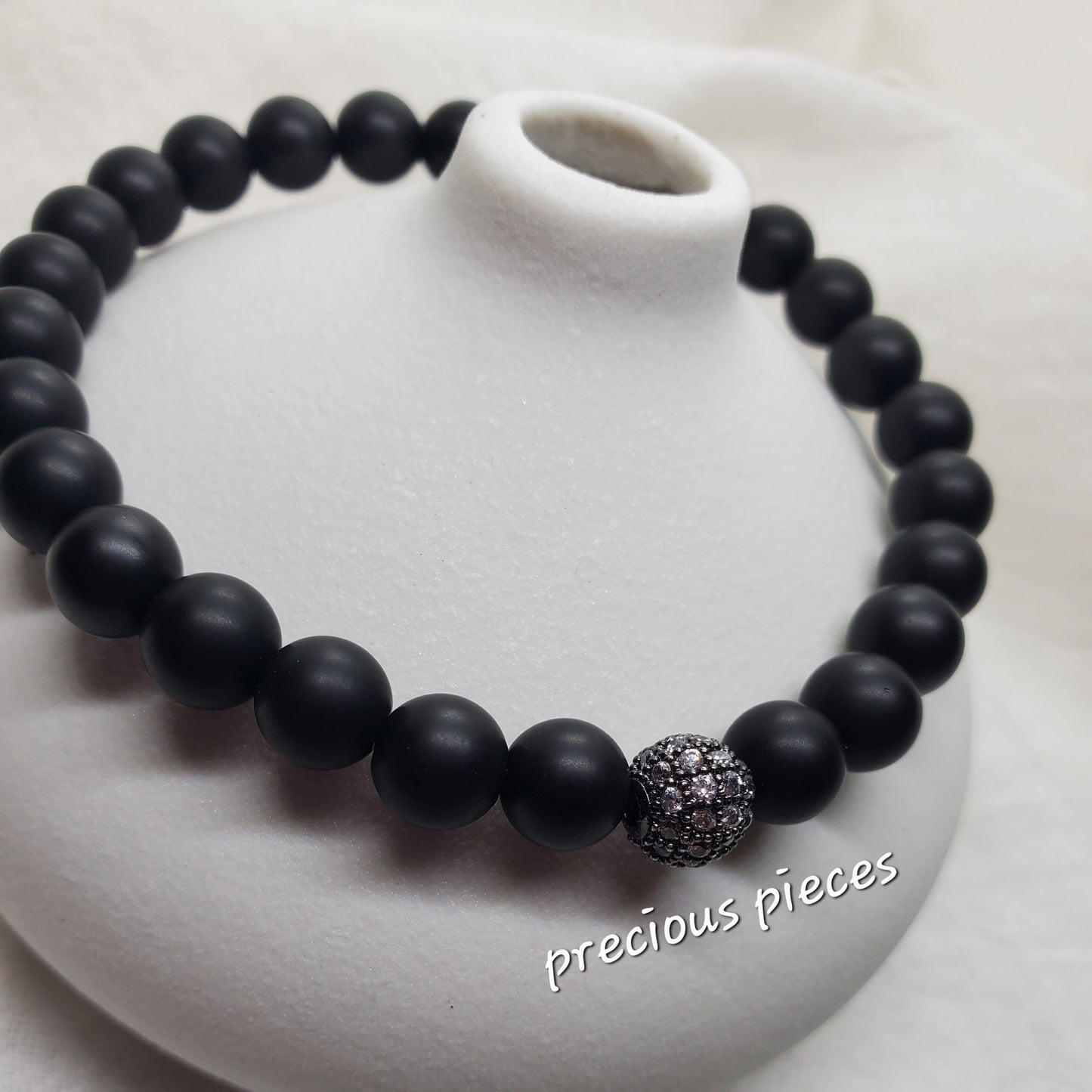 Men's Black Matte and Rhinestone Beaded Bracelet