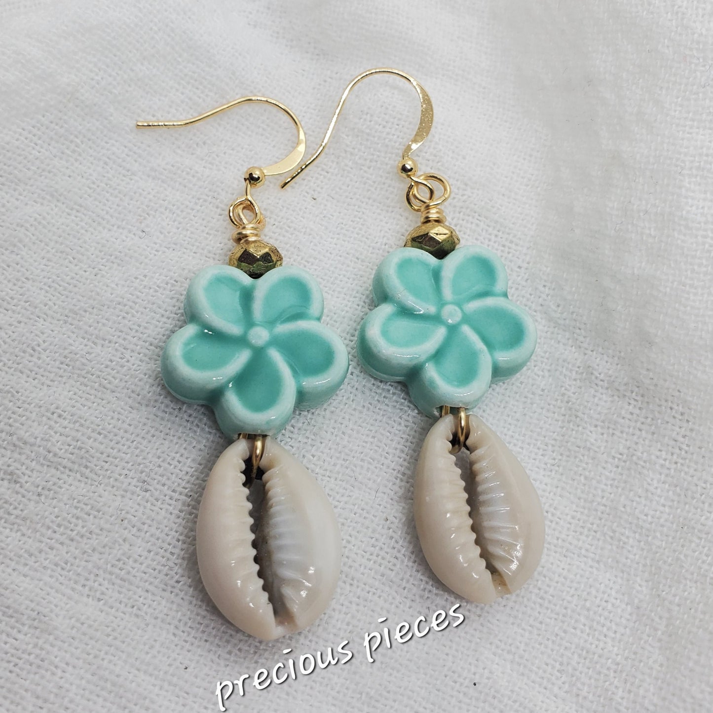 Ceramic Flower Cowrie Shell Earrings