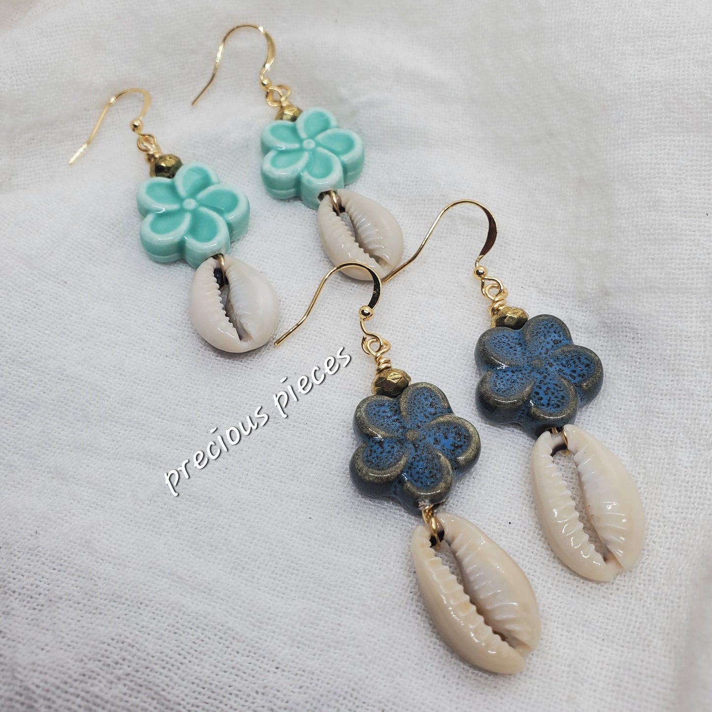 Ceramic Flower Cowrie Shell Earrings