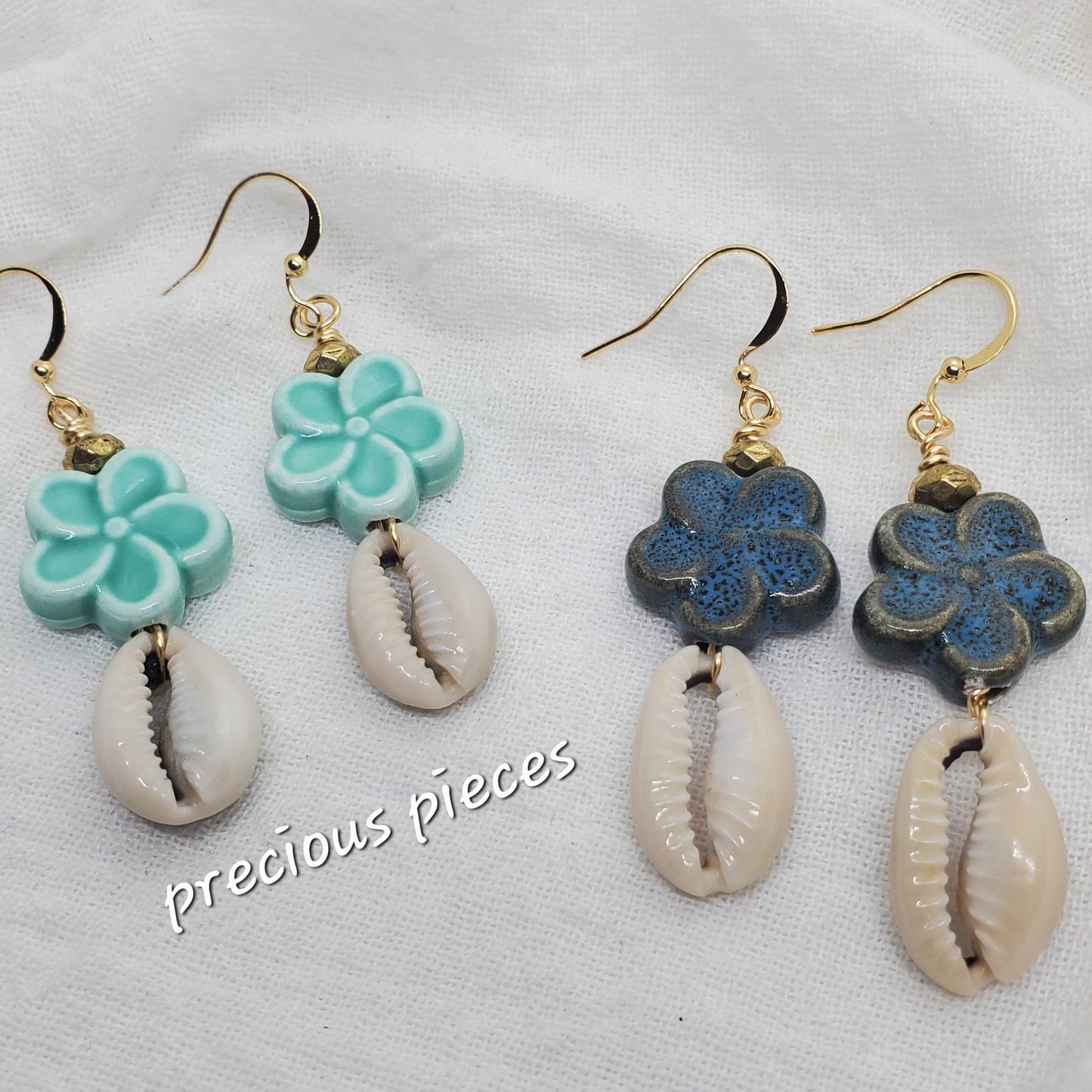 Ceramic Flower Cowrie Shell Earrings