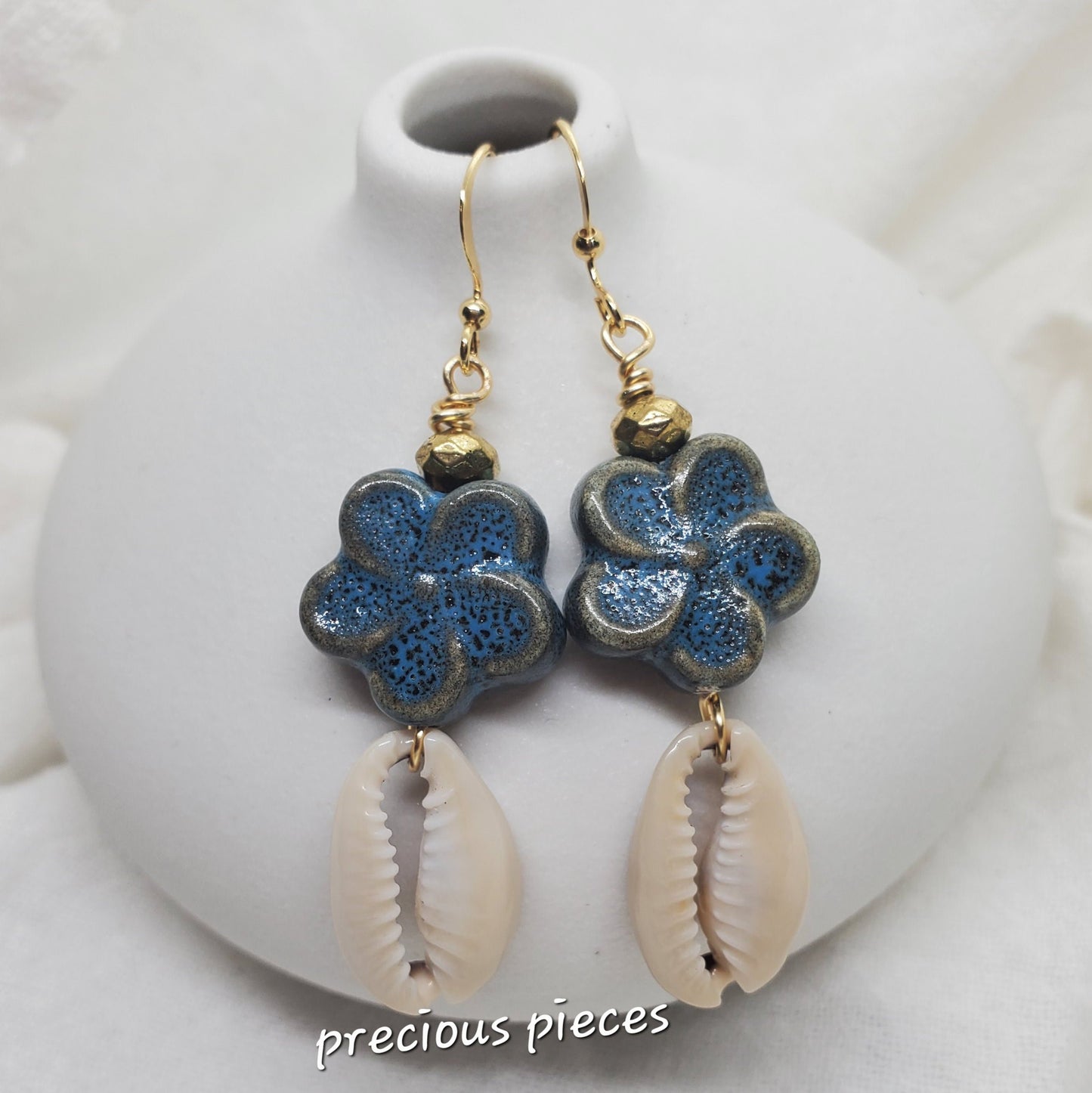 Ceramic Flower Cowrie Shell Earrings