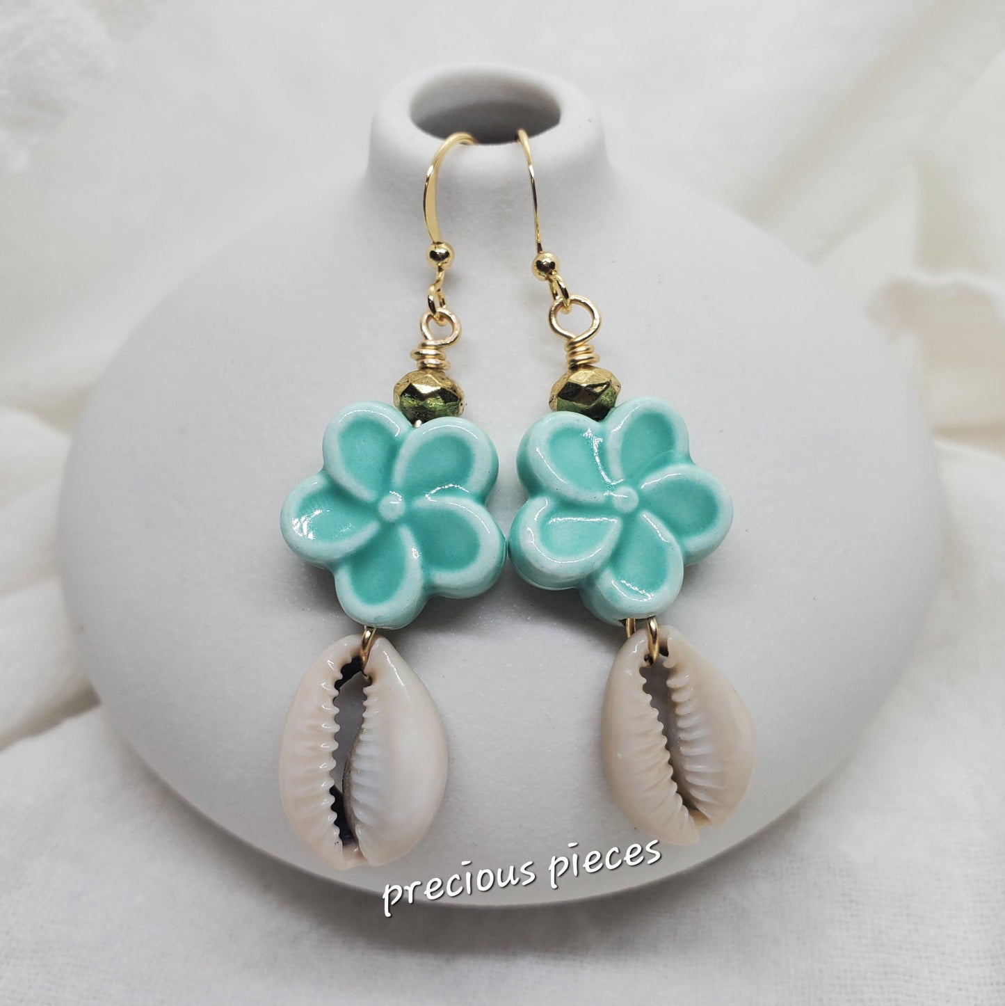 Ceramic Flower Cowrie Shell Earrings