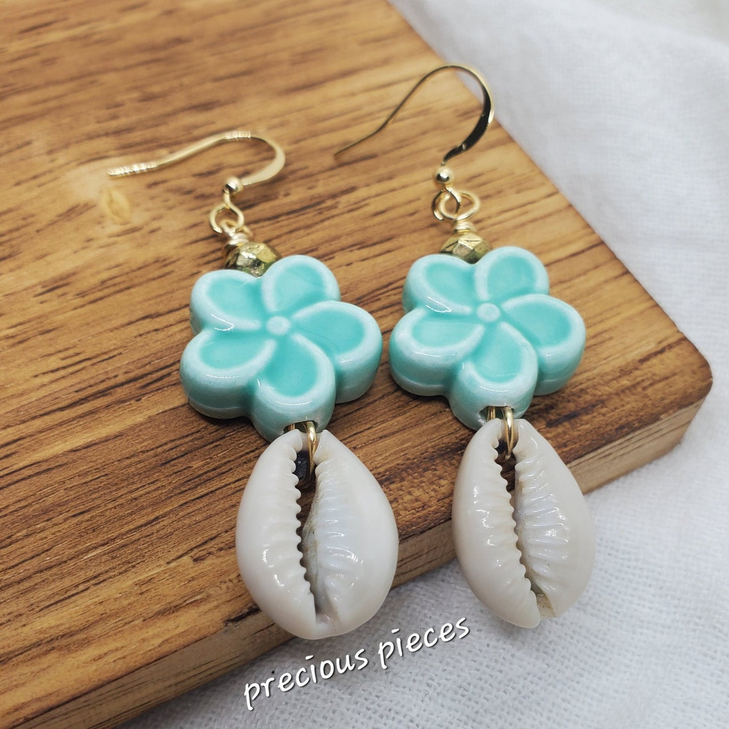 Ceramic Flower Cowrie Shell Earrings