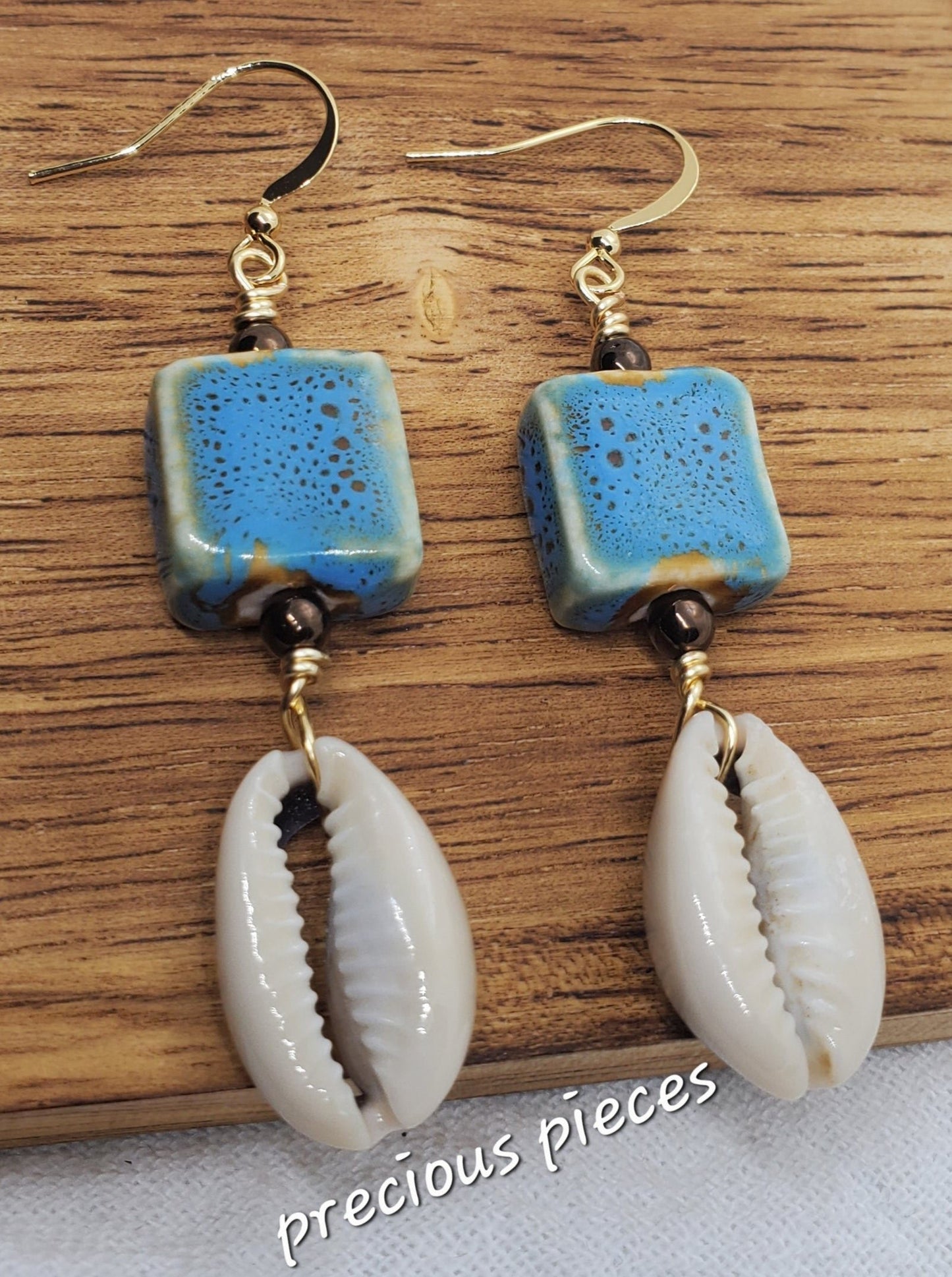 Blue and Tan Ceramic Square Beaded Cowrie Shell Earrings