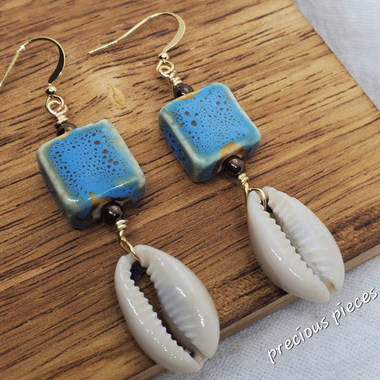 Blue and Tan Ceramic Square Beaded Cowrie Shell Earrings