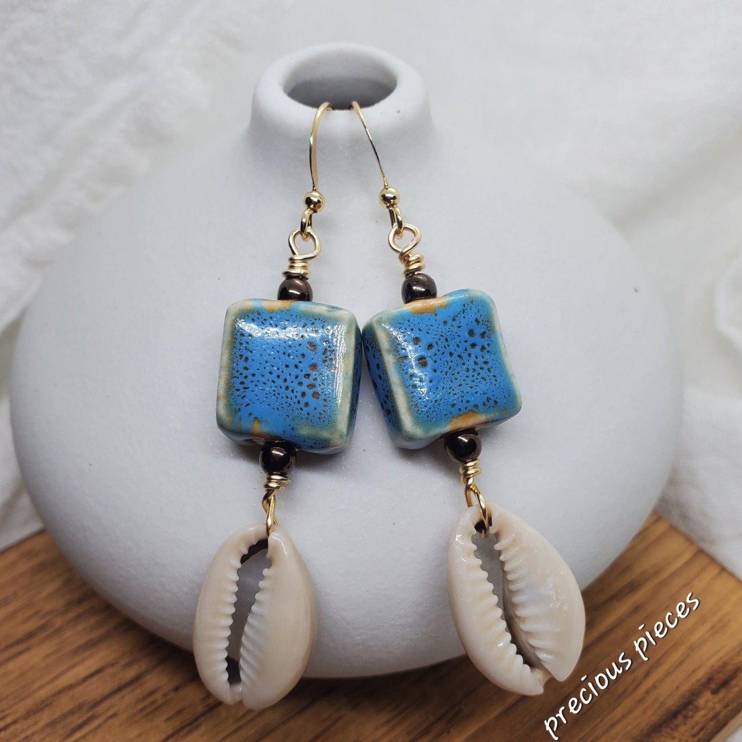 Blue and Tan Ceramic Square Beaded Cowrie Shell Earrings