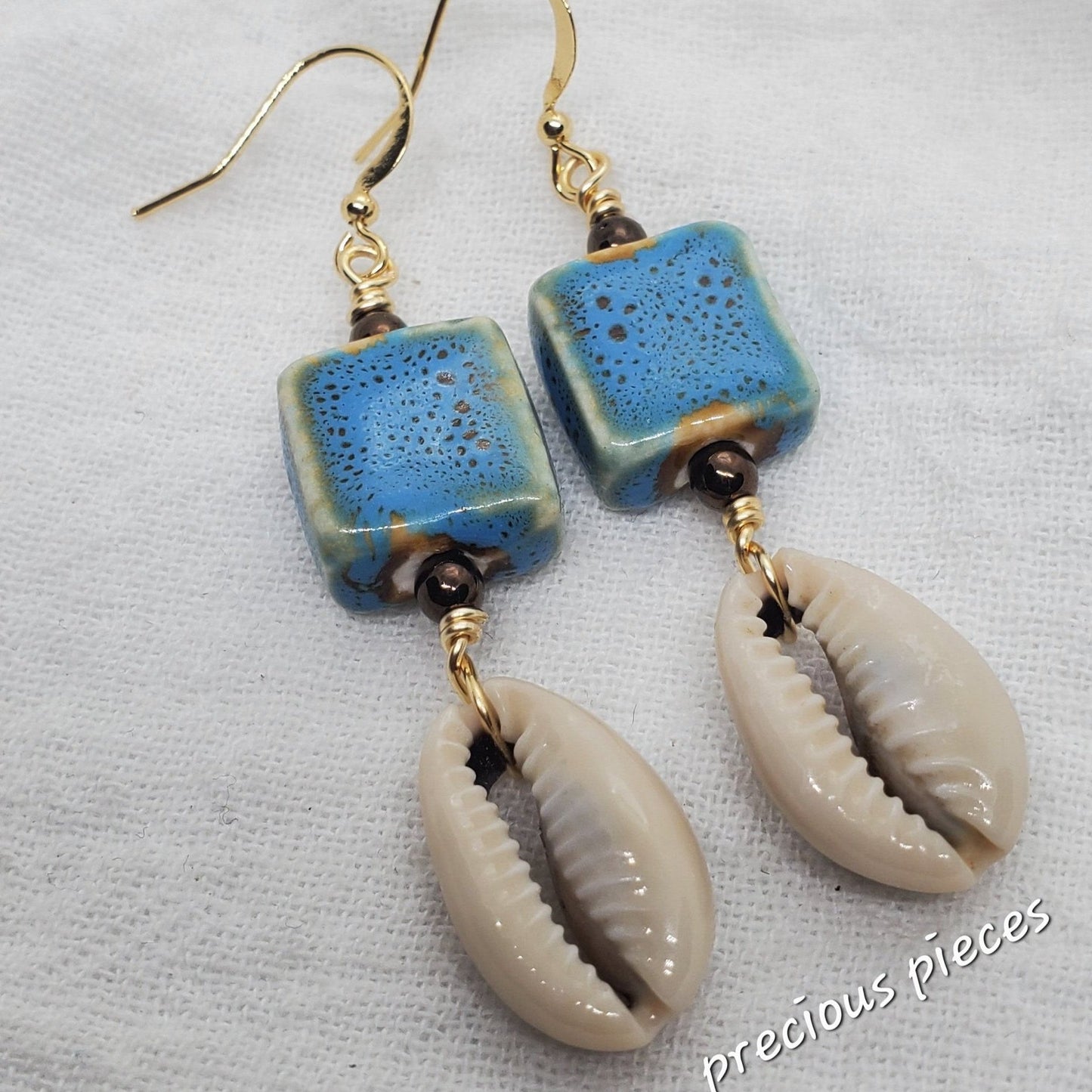 Blue and Tan Ceramic Square Beaded Cowrie Shell Earrings