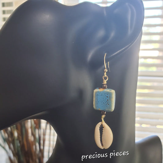 Blue and Tan Ceramic Square Beaded Cowrie Shell Earrings