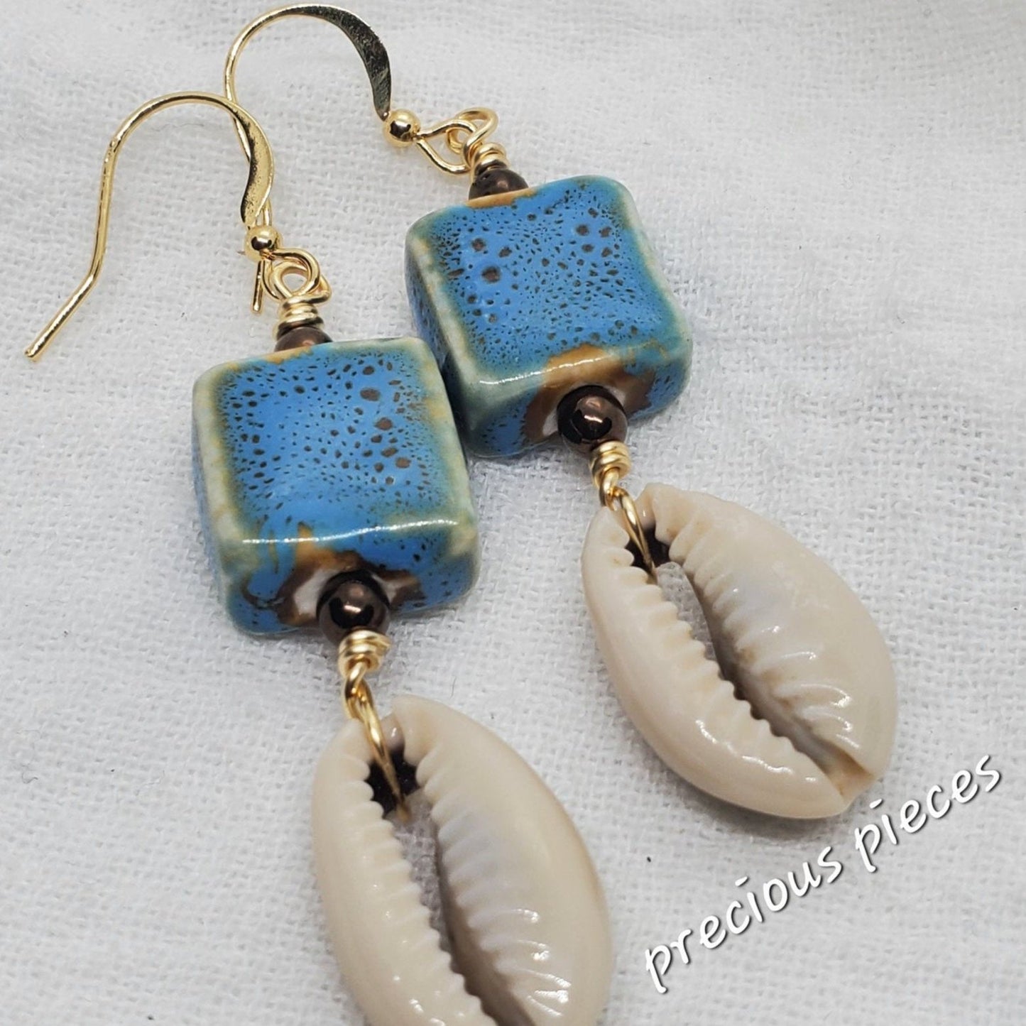 Blue and Tan Ceramic Square Beaded Cowrie Shell Earrings