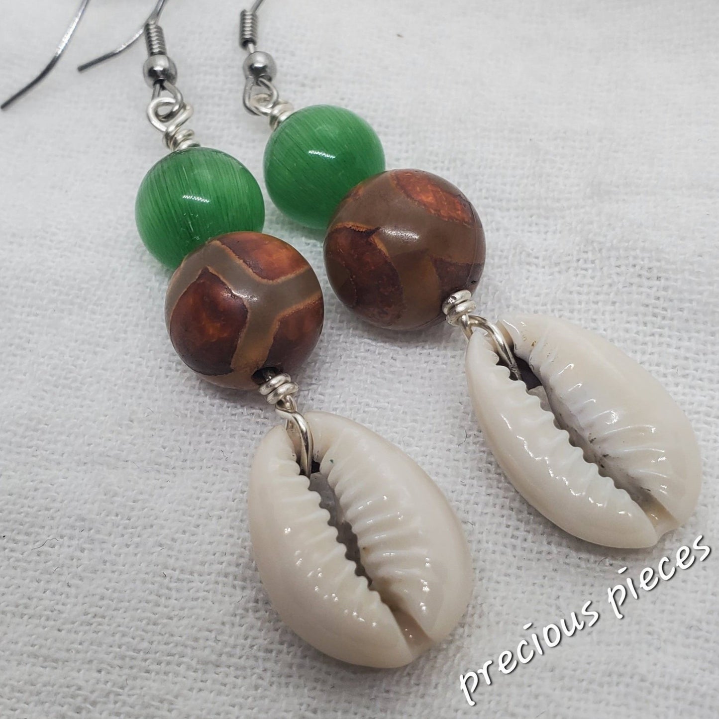 Brown Agate Beaded Cowrie Shell Earrings