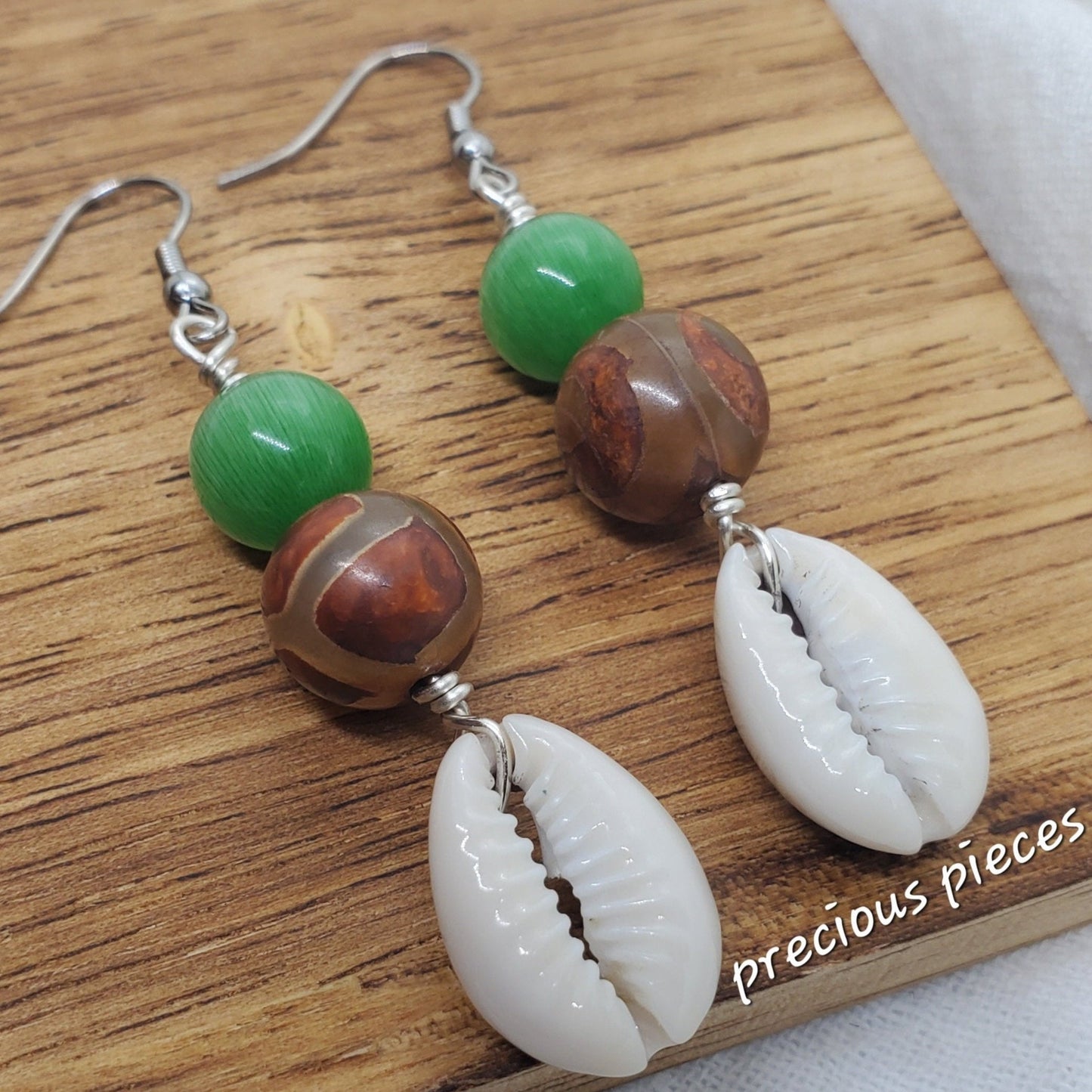 Brown Agate Beaded Cowrie Shell Earrings