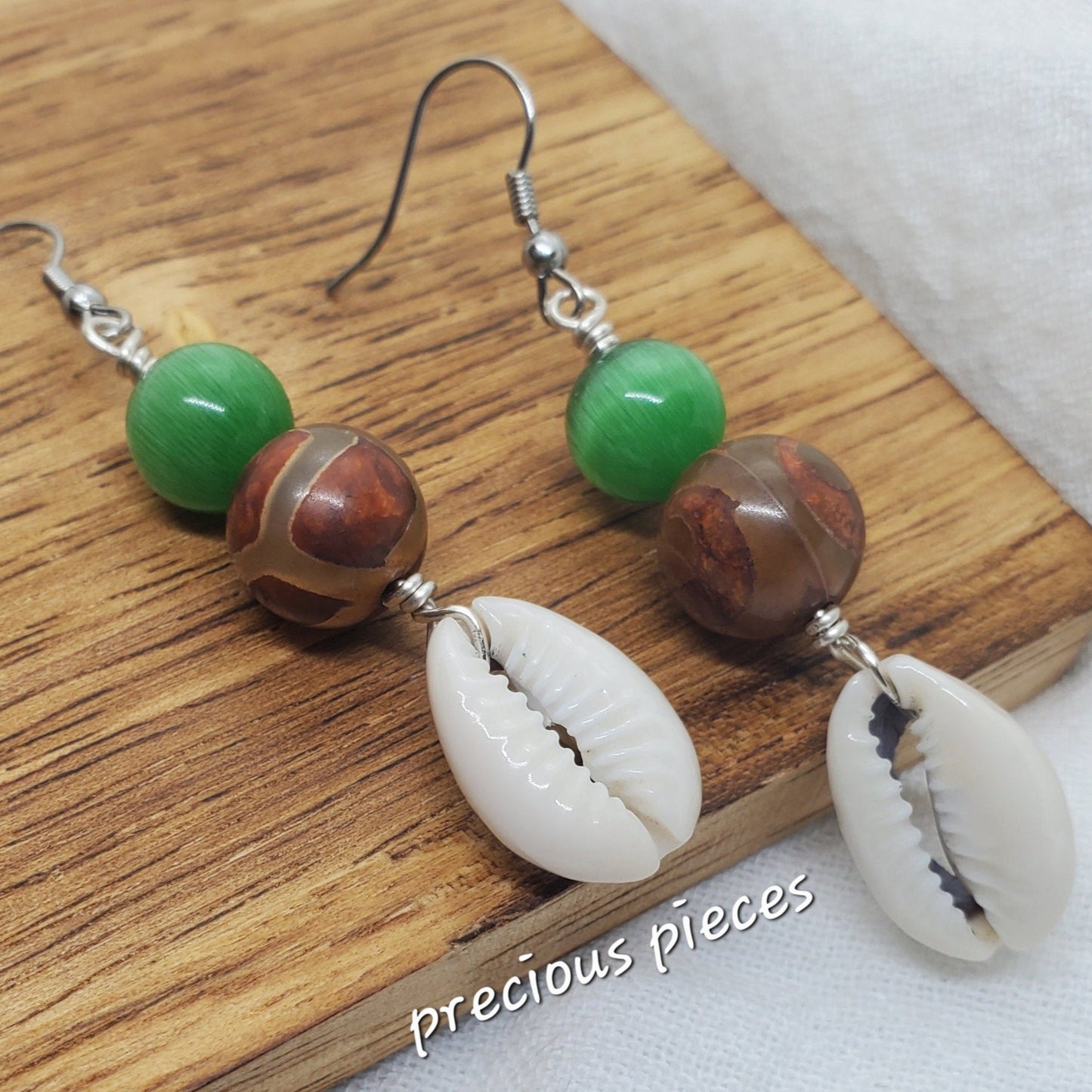 Brown Agate Beaded Cowrie Shell Earrings