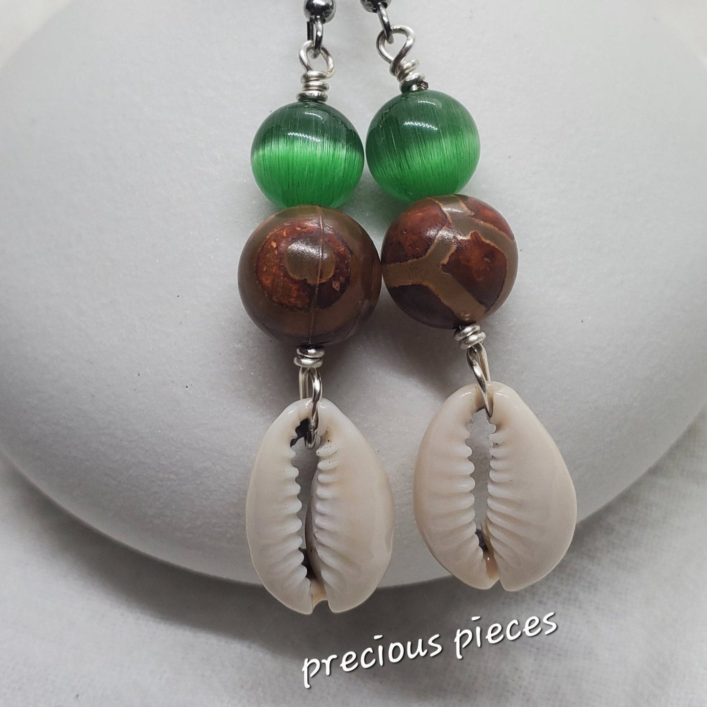 Brown Agate Beaded Cowrie Shell Earrings