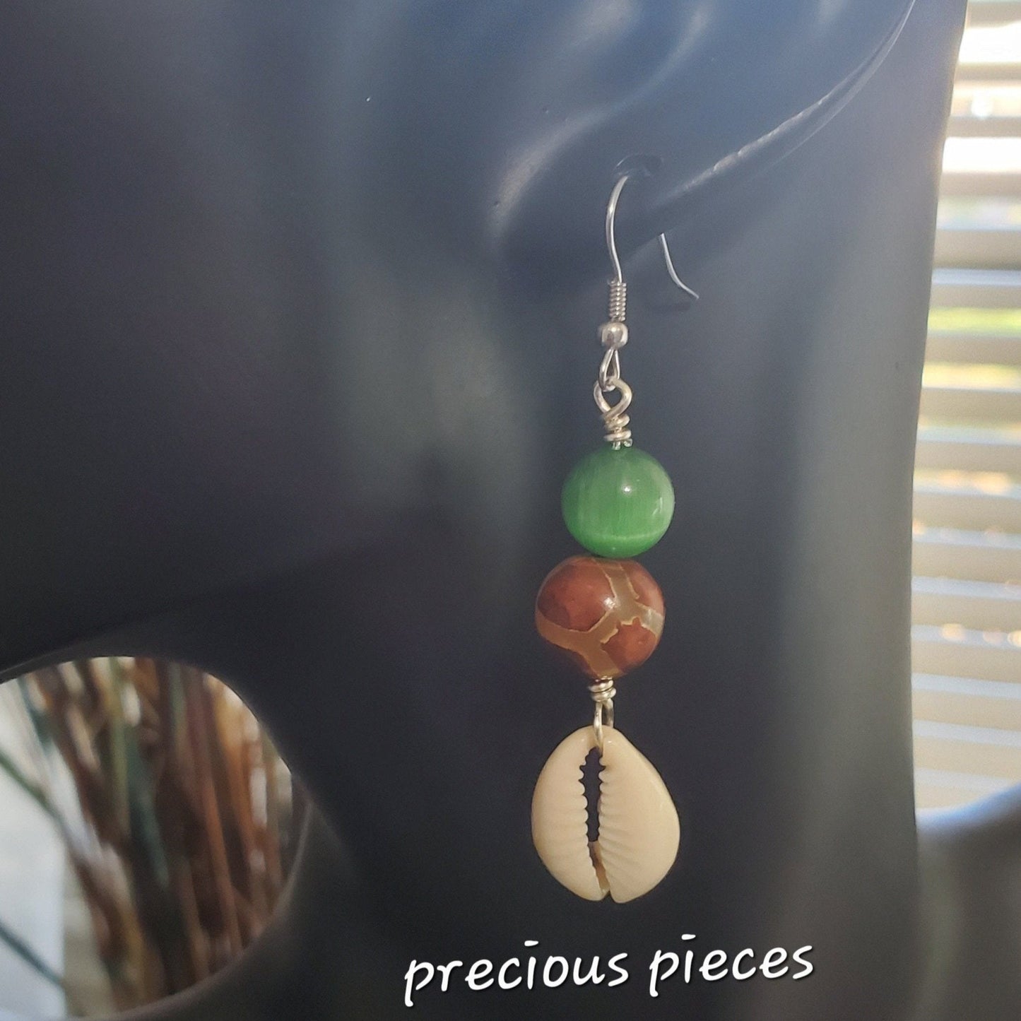 Brown Agate Beaded Cowrie Shell Earrings