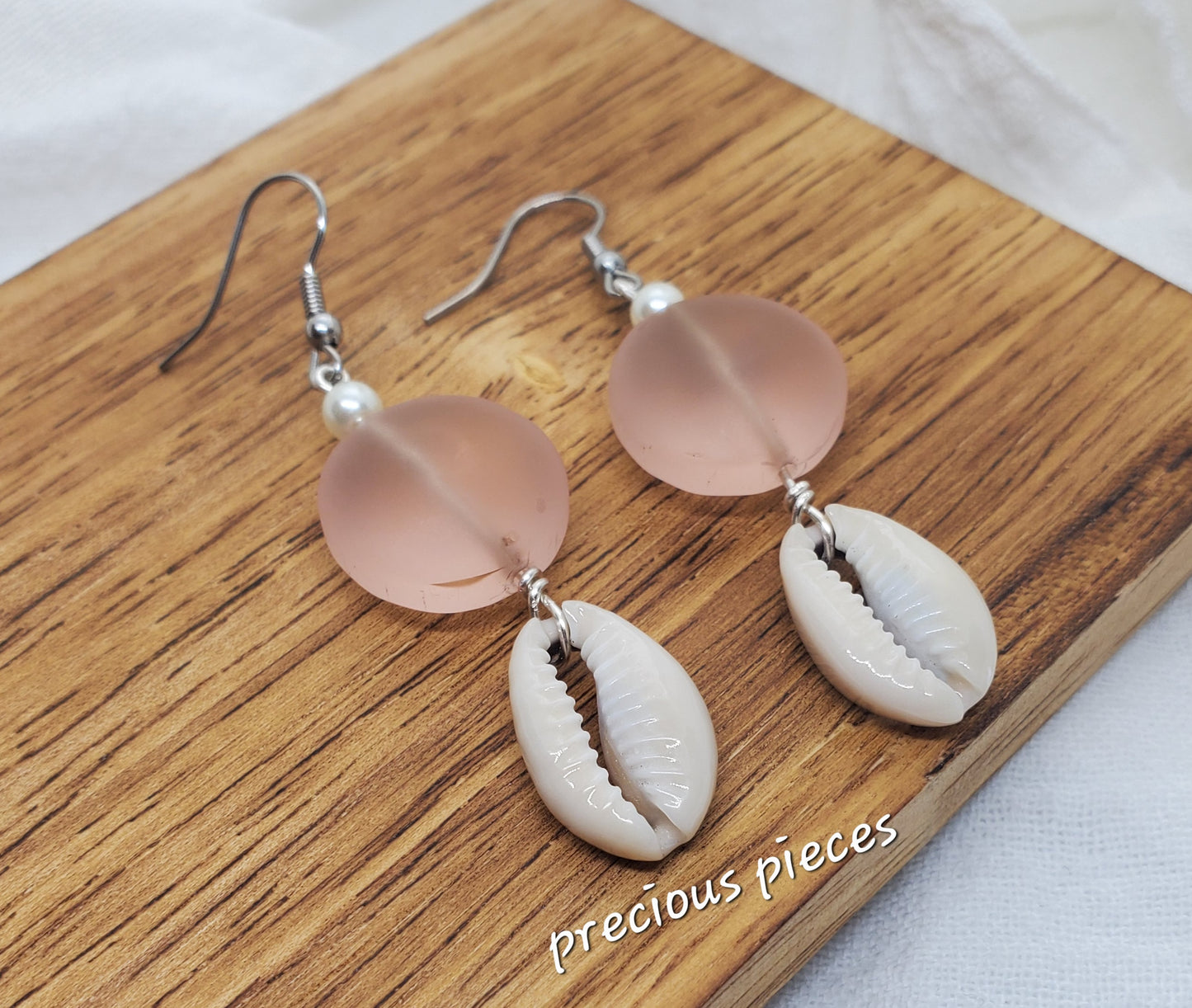 Pink Puffy Glass Beaded Cowrie Shell Earrings