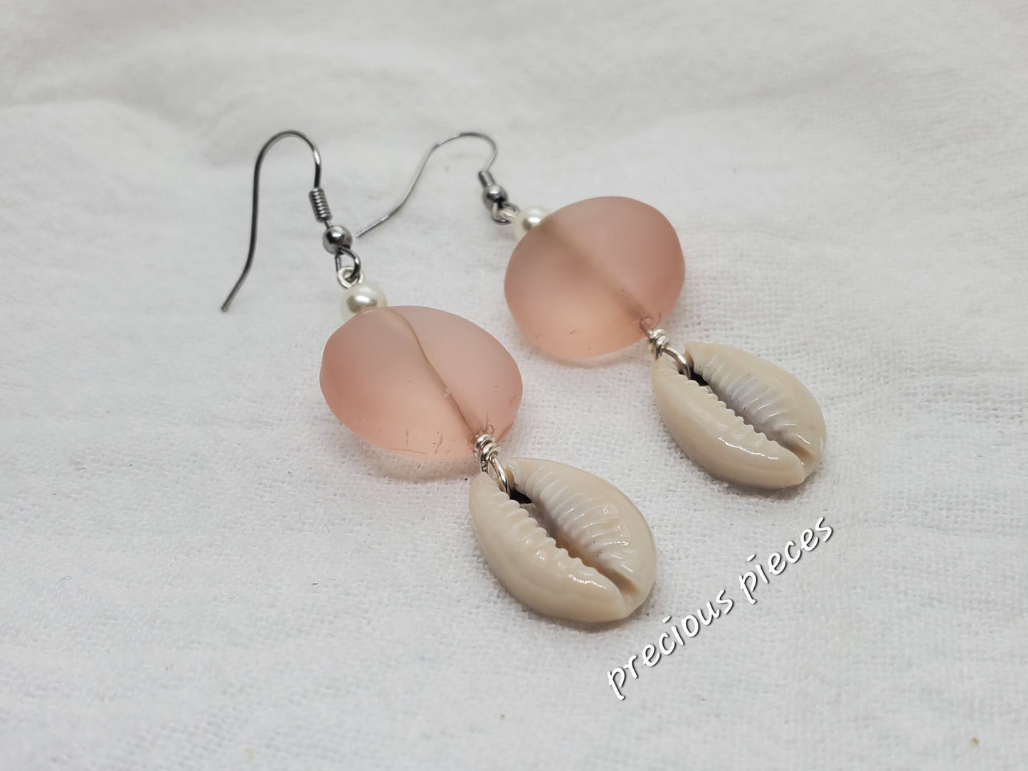 Pink Puffy Glass Beaded Cowrie Shell Earrings