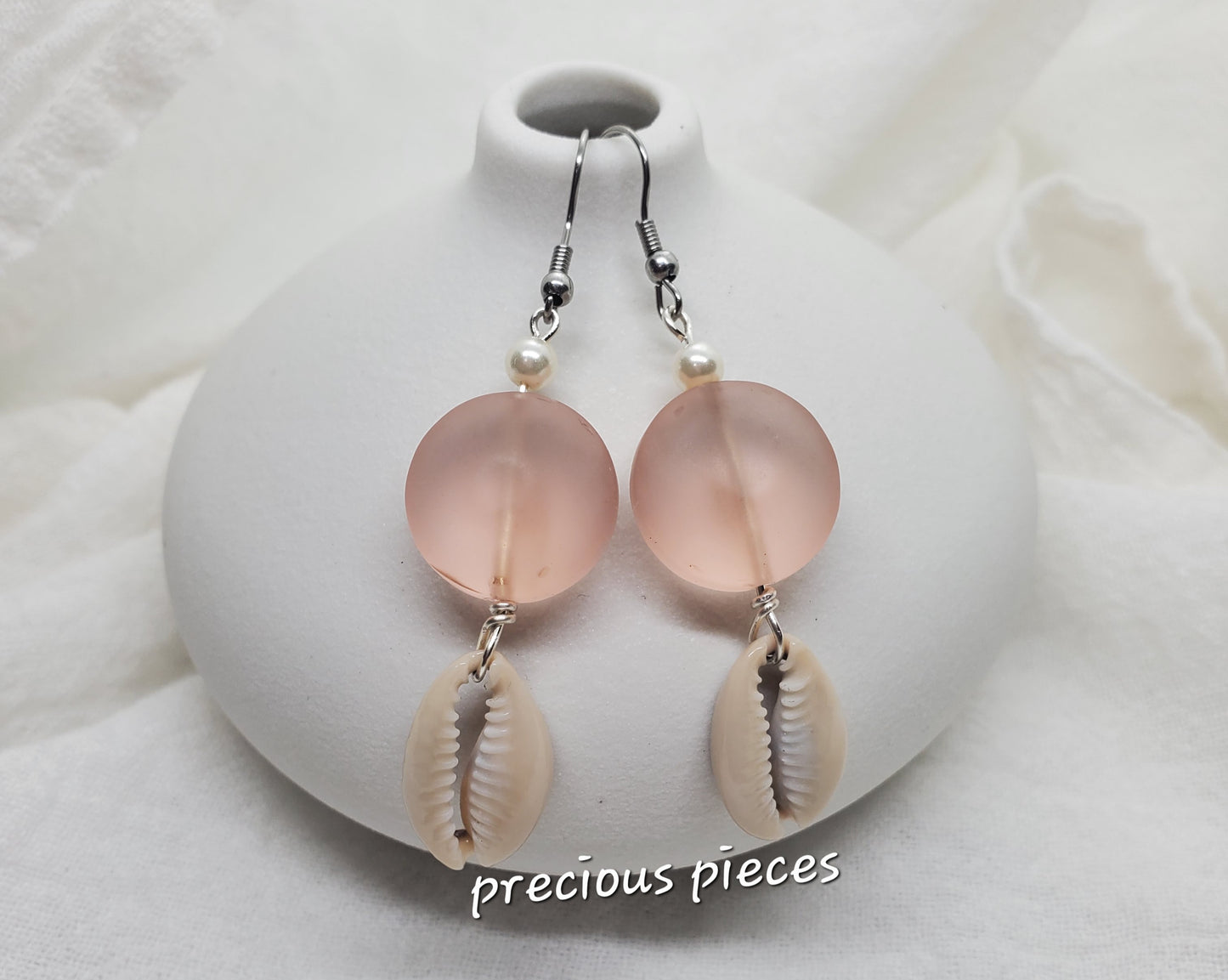 Pink Puffy Glass Beaded Cowrie Shell Earrings