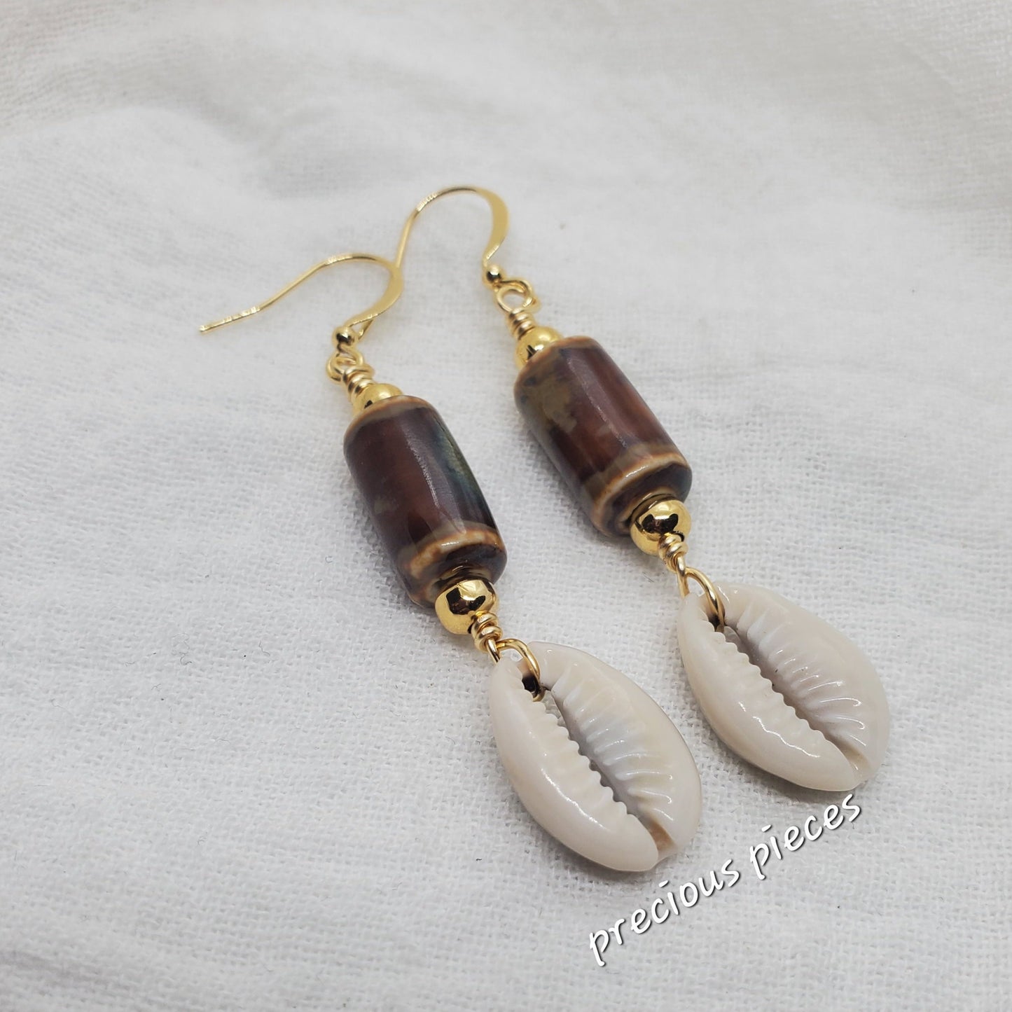 Brown Tubular Ceramic Beaded Cowrie Shell Earrings