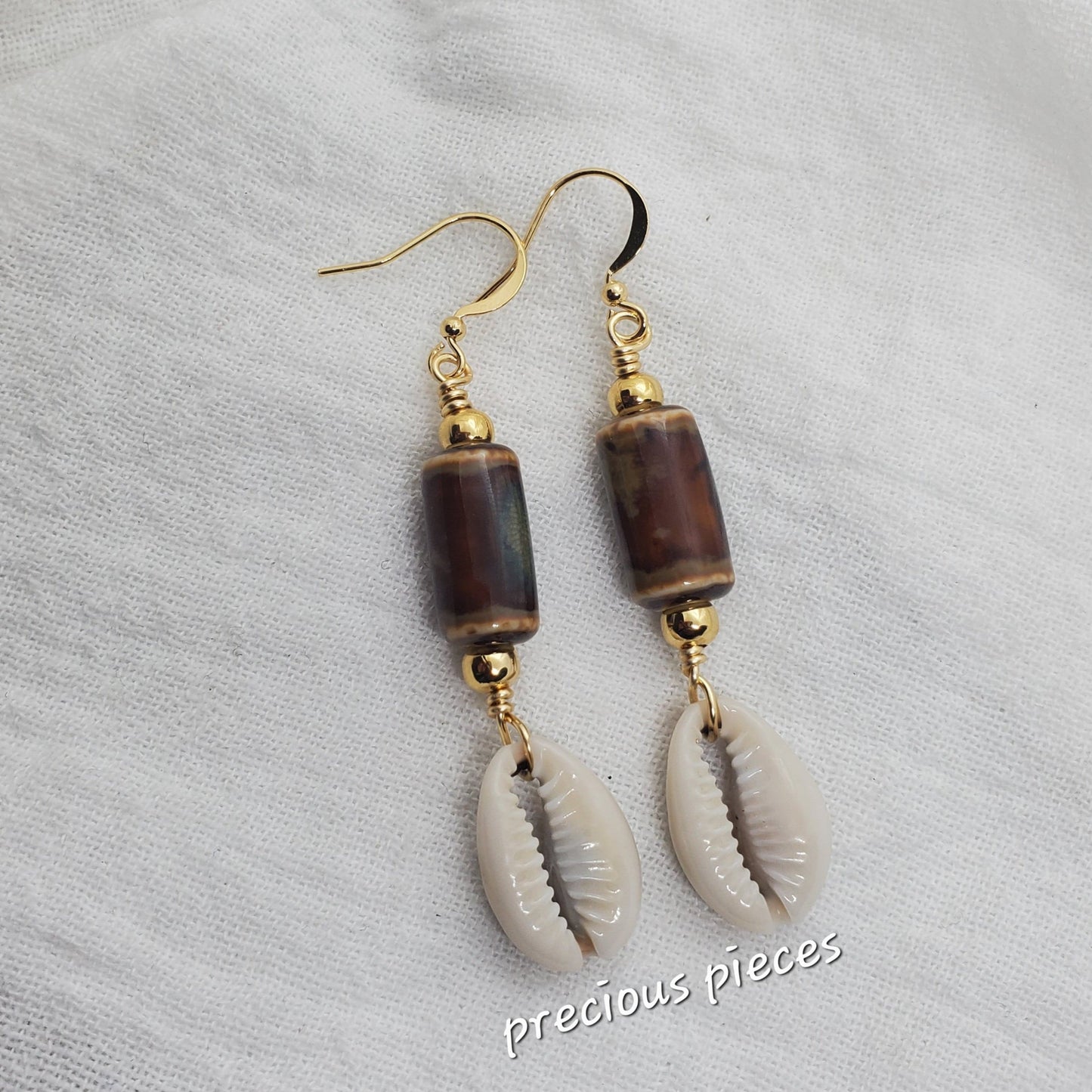 Brown Tubular Ceramic Beaded Cowrie Shell Earrings