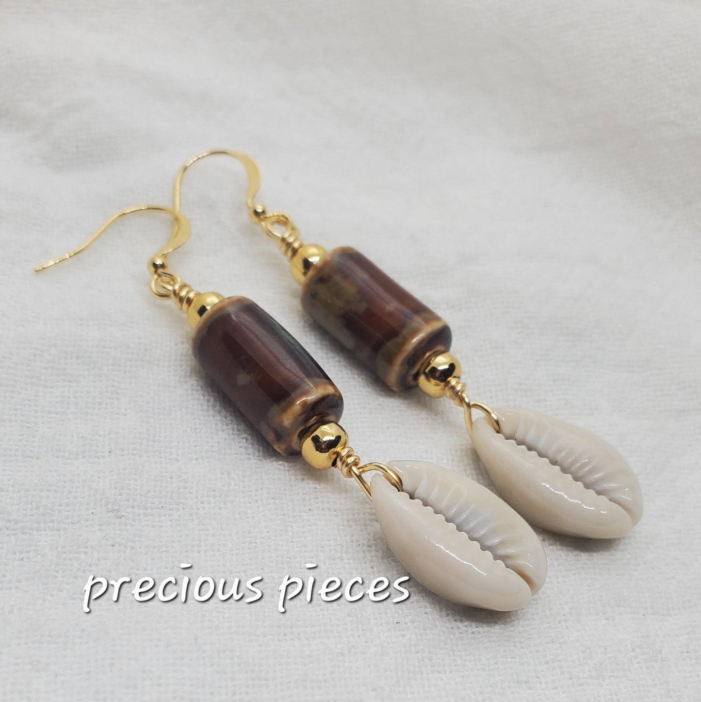 Brown Tubular Ceramic Beaded Cowrie Shell Earrings