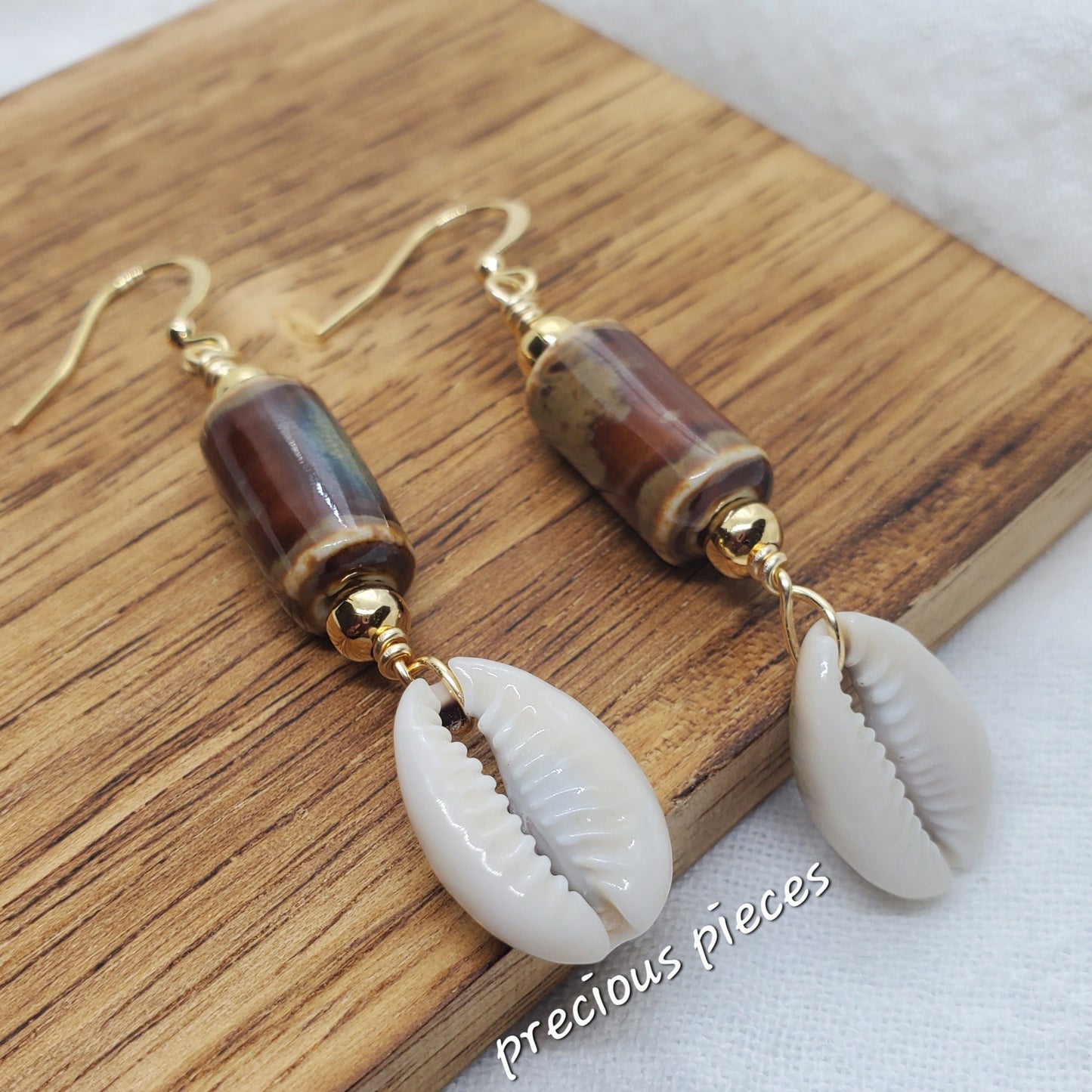 Brown Tubular Ceramic Beaded Cowrie Shell Earrings