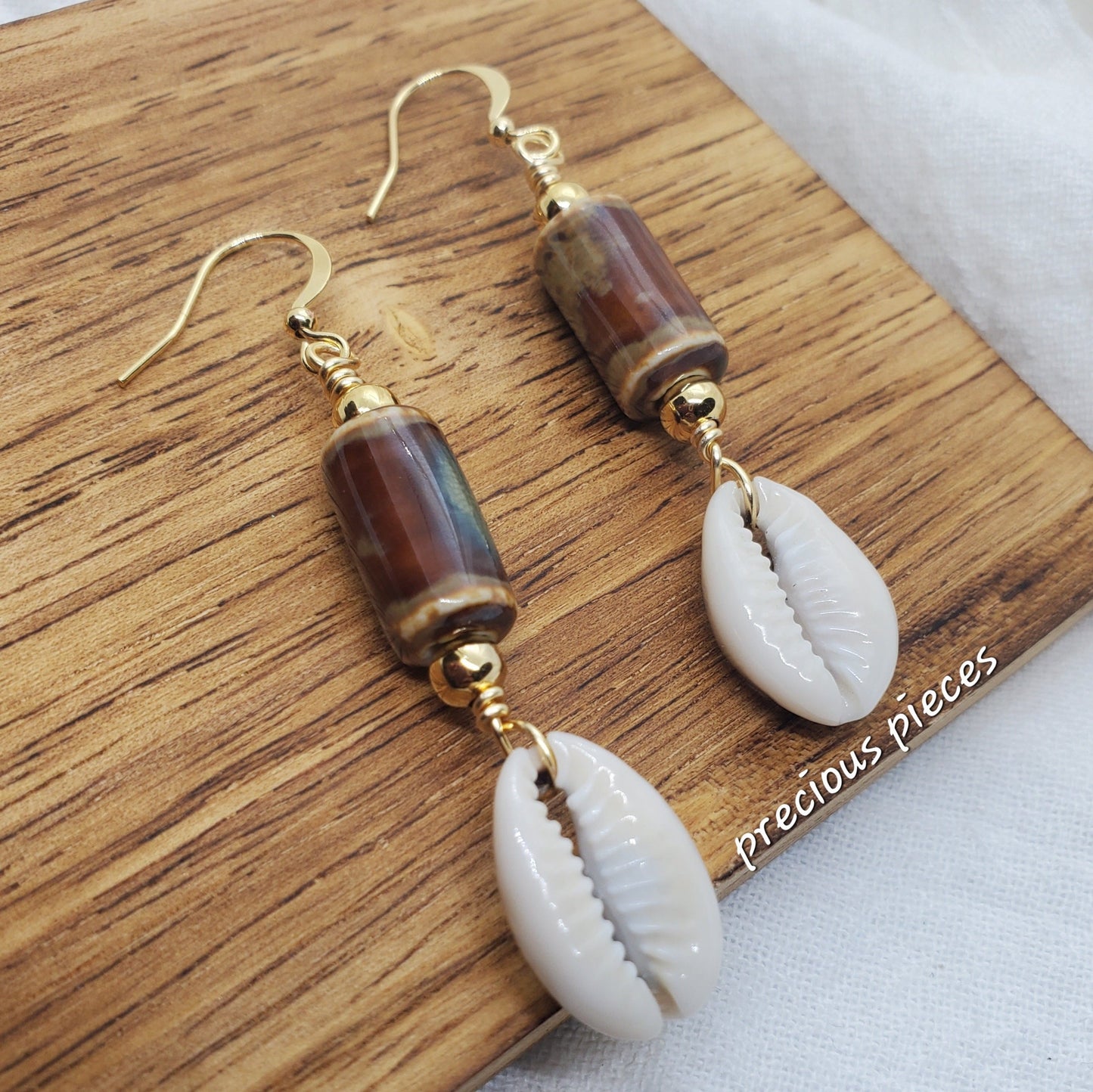 Brown Tubular Ceramic Beaded Cowrie Shell Earrings