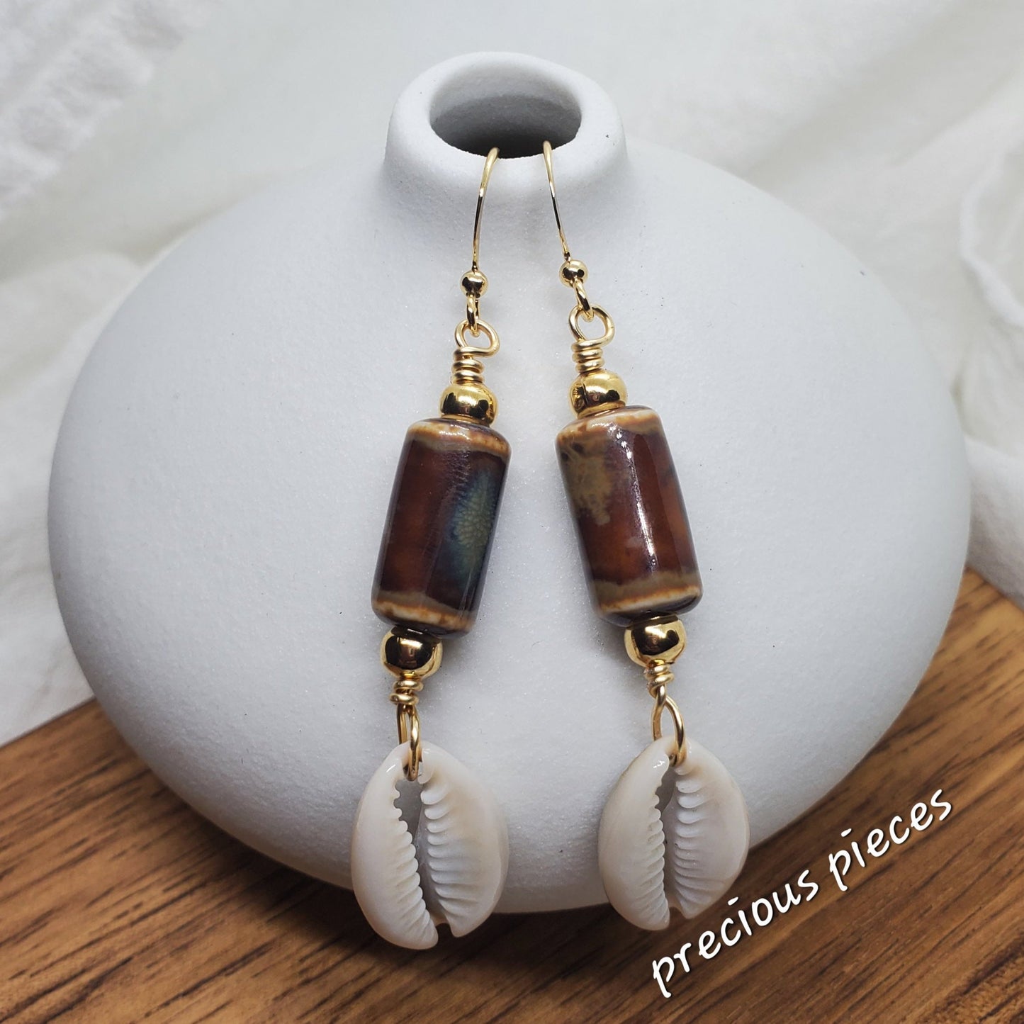 Brown Tubular Ceramic Beaded Cowrie Shell Earrings