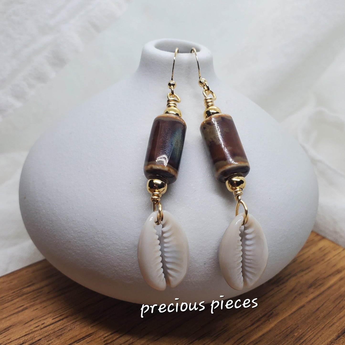 Brown Tubular Ceramic Beaded Cowrie Shell Earrings