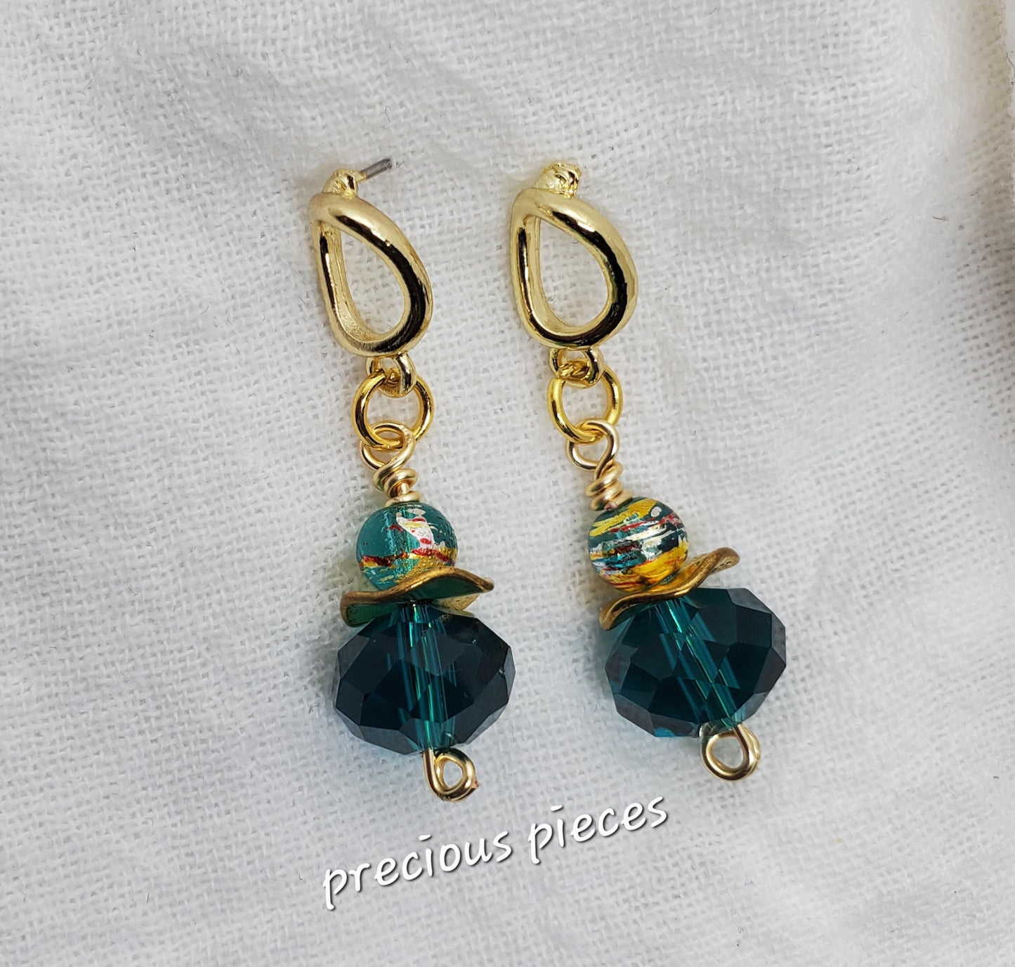 Teal and Gold Dangle Earrings