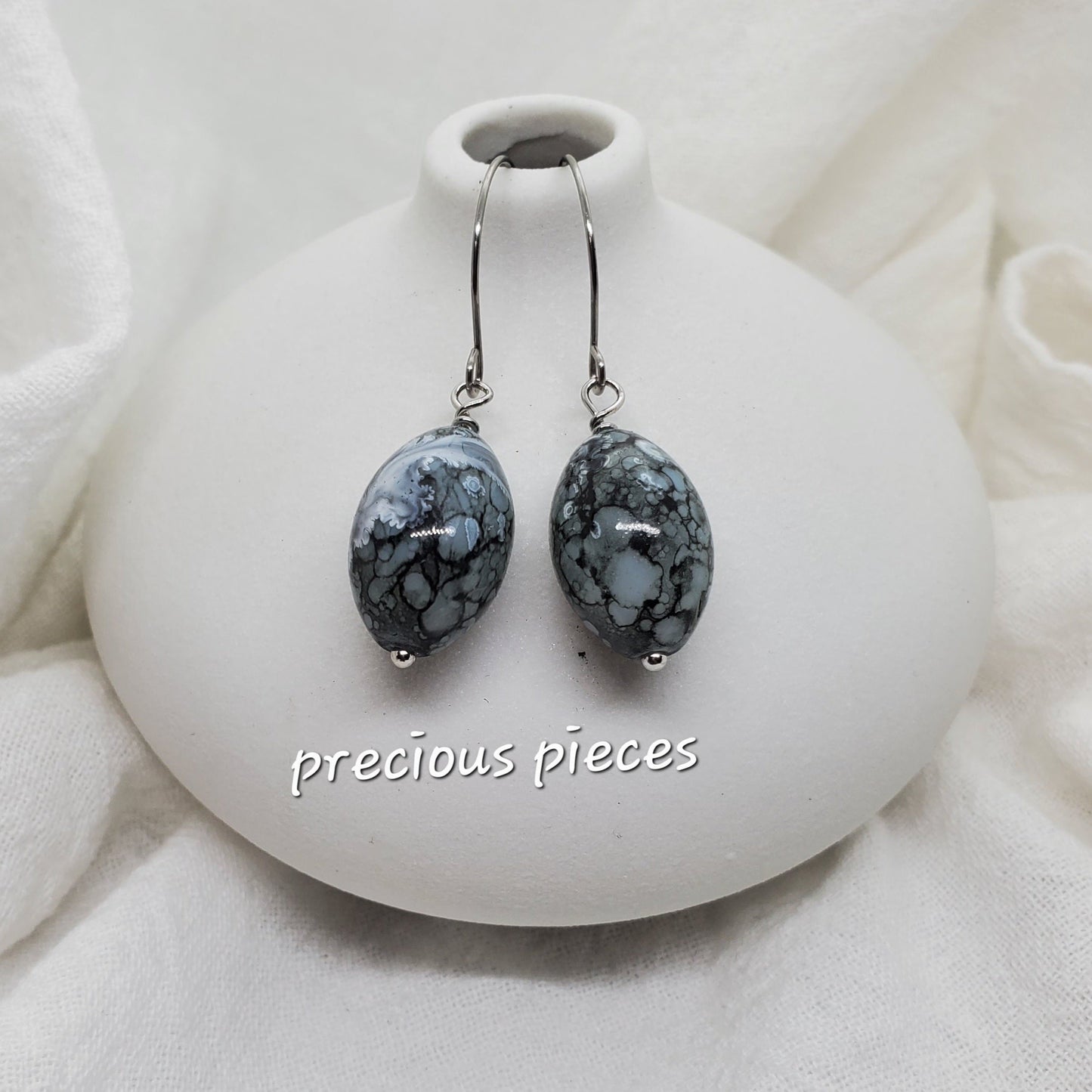 Oval Marbled Glass Beaded Earrings