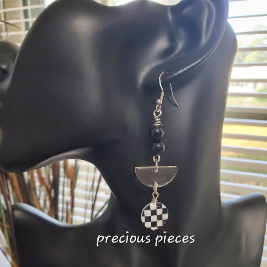 Black and White Checkered Dangle Earrings