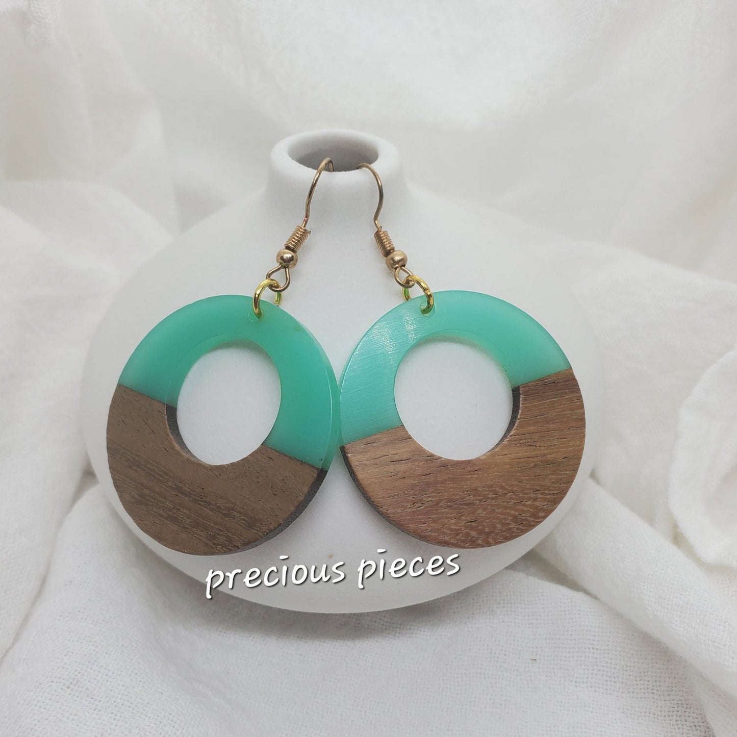 Light Green & Wood Hoop Earrings